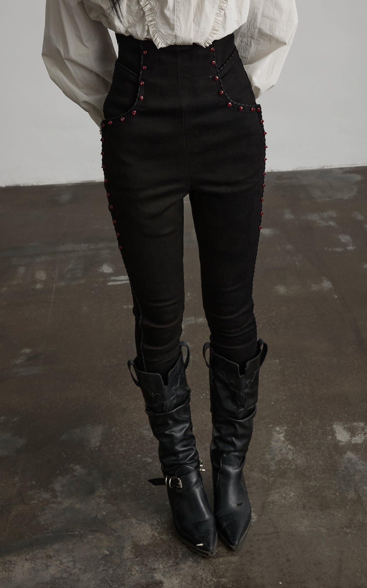 DOINDULGE High Waist Structured Studded Slim Denim Pants