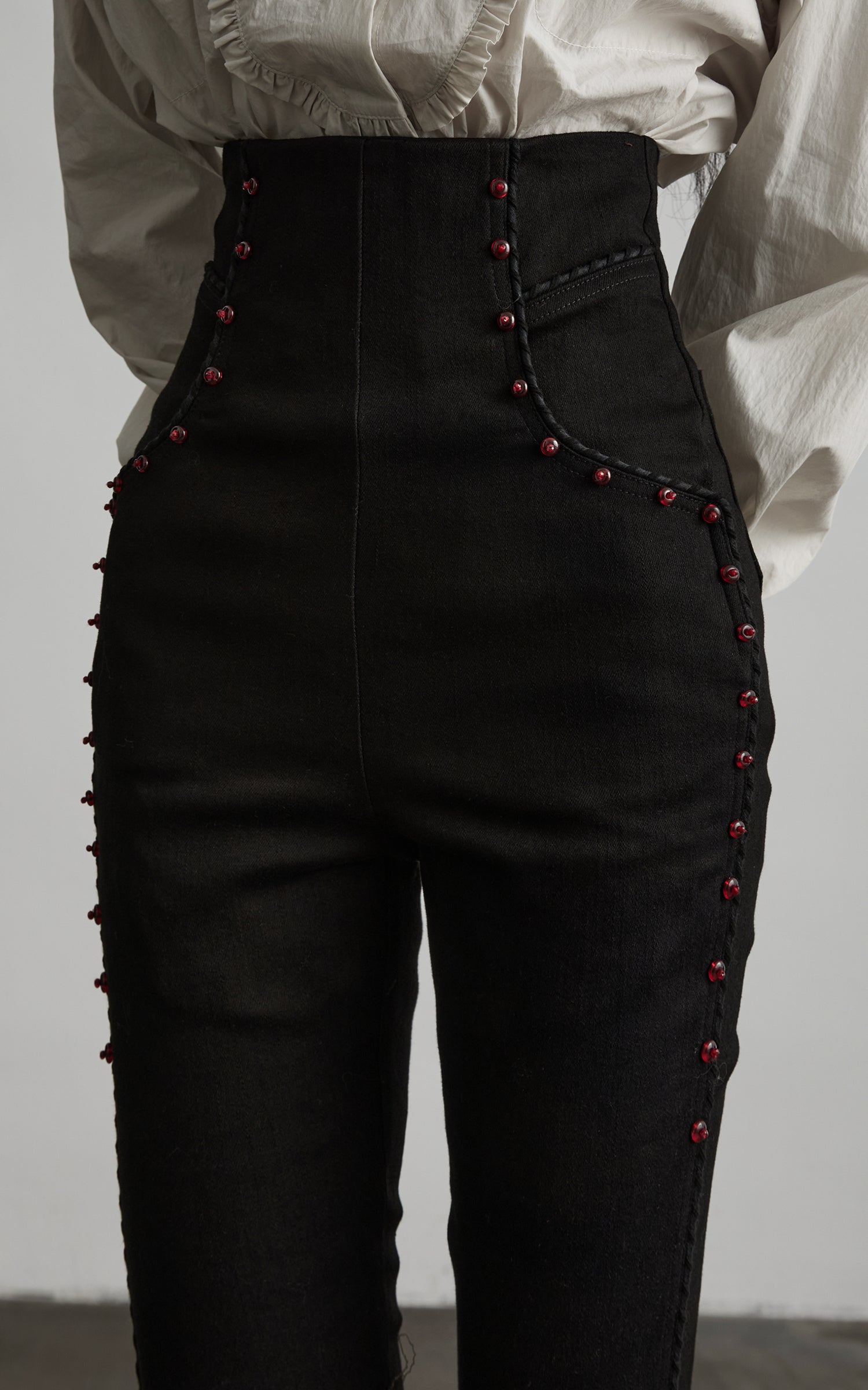 DOINDULGE High Waist Structured Studded Slim Denim Pants