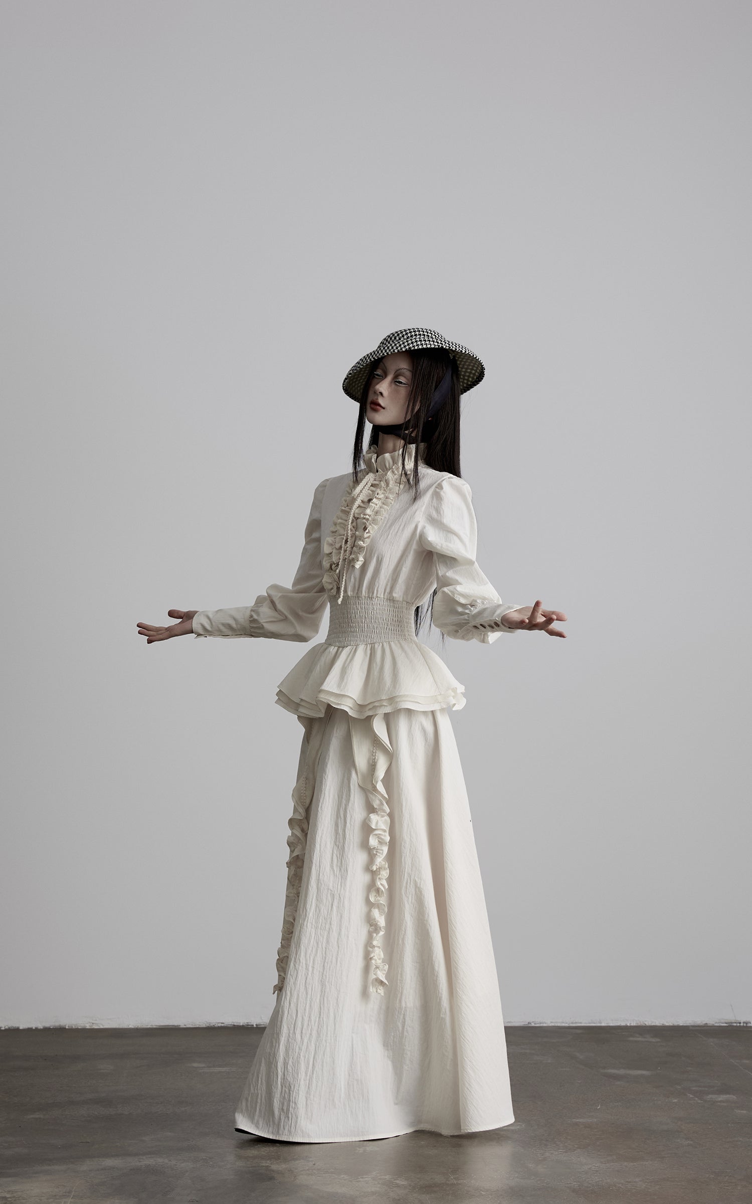 DOINDULGE Sculptural Ruffle Panel High-Waist Long Skirt
