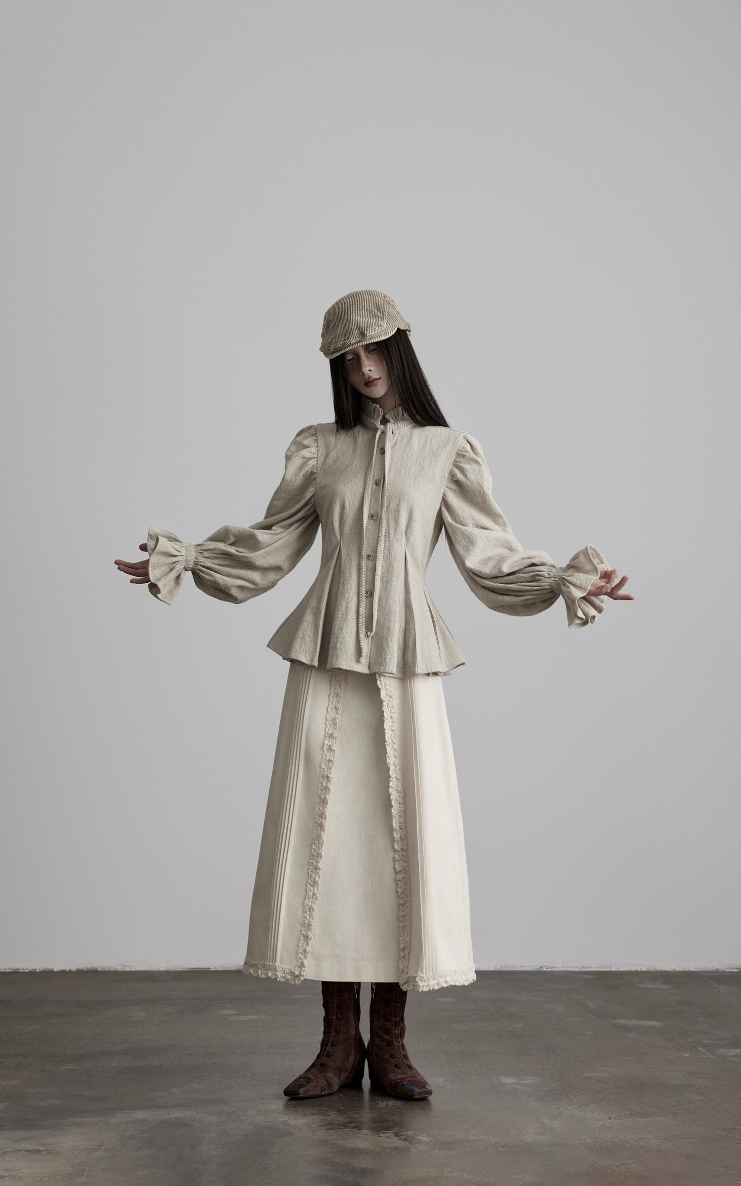 <tc>DOINDULGE</tc> Chemise en lin à taille plissée sculptée et col à volants
