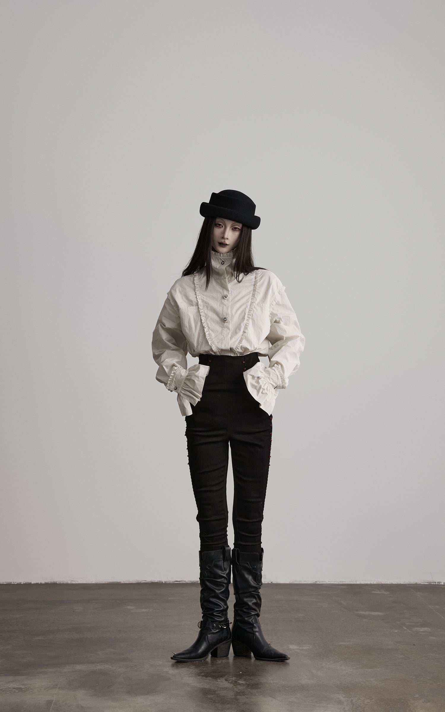 DOINDULGE Ruffled Stand Collar Flared Sleeve Shirt