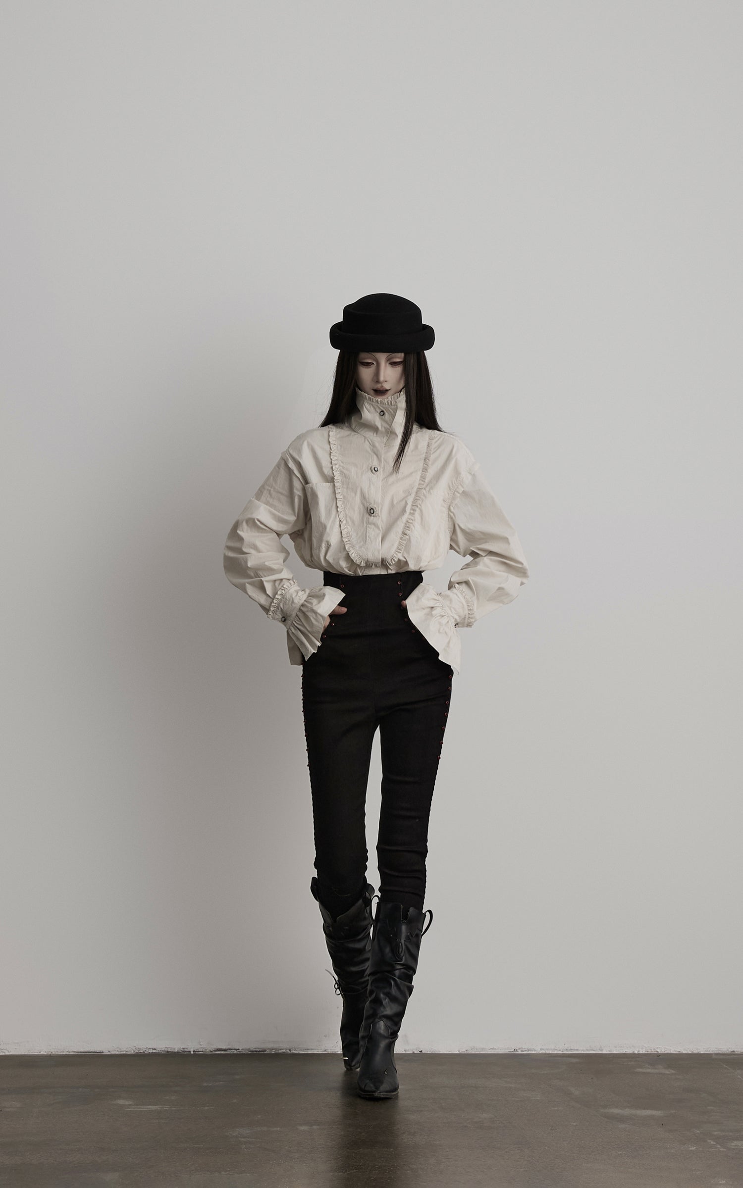 DOINDULGE High Waist Structured Studded Slim Denim Pants