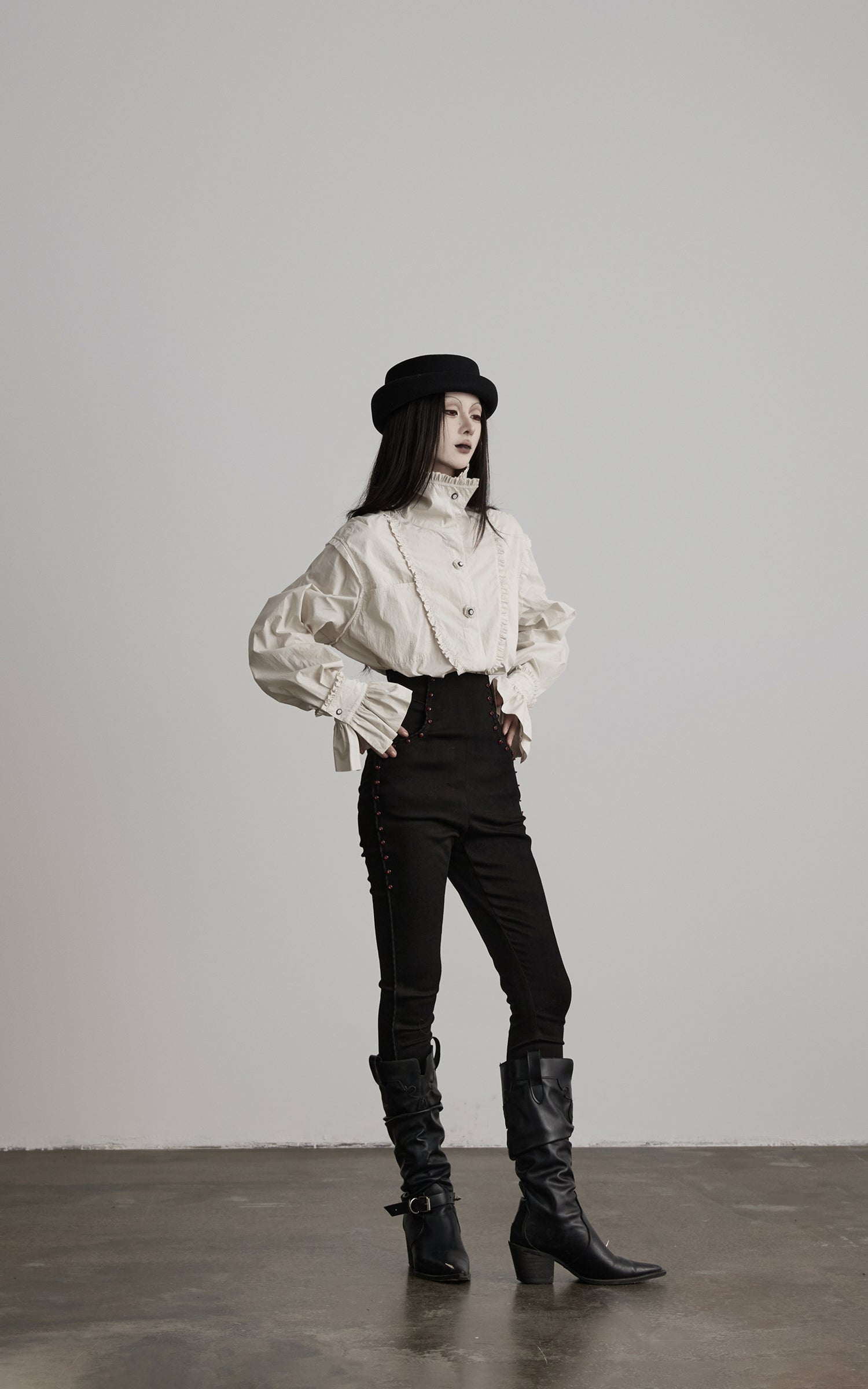 DOINDULGE Ruffled Stand Collar Flared Sleeve Shirt