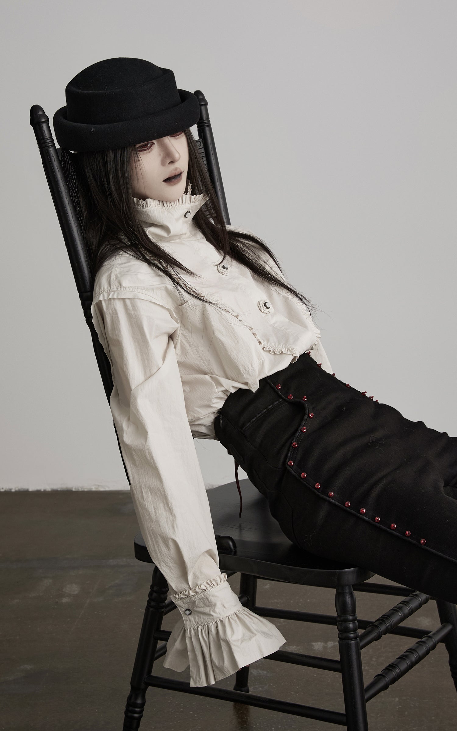 DOINDULGE Ruffled Stand Collar Flared Sleeve Shirt