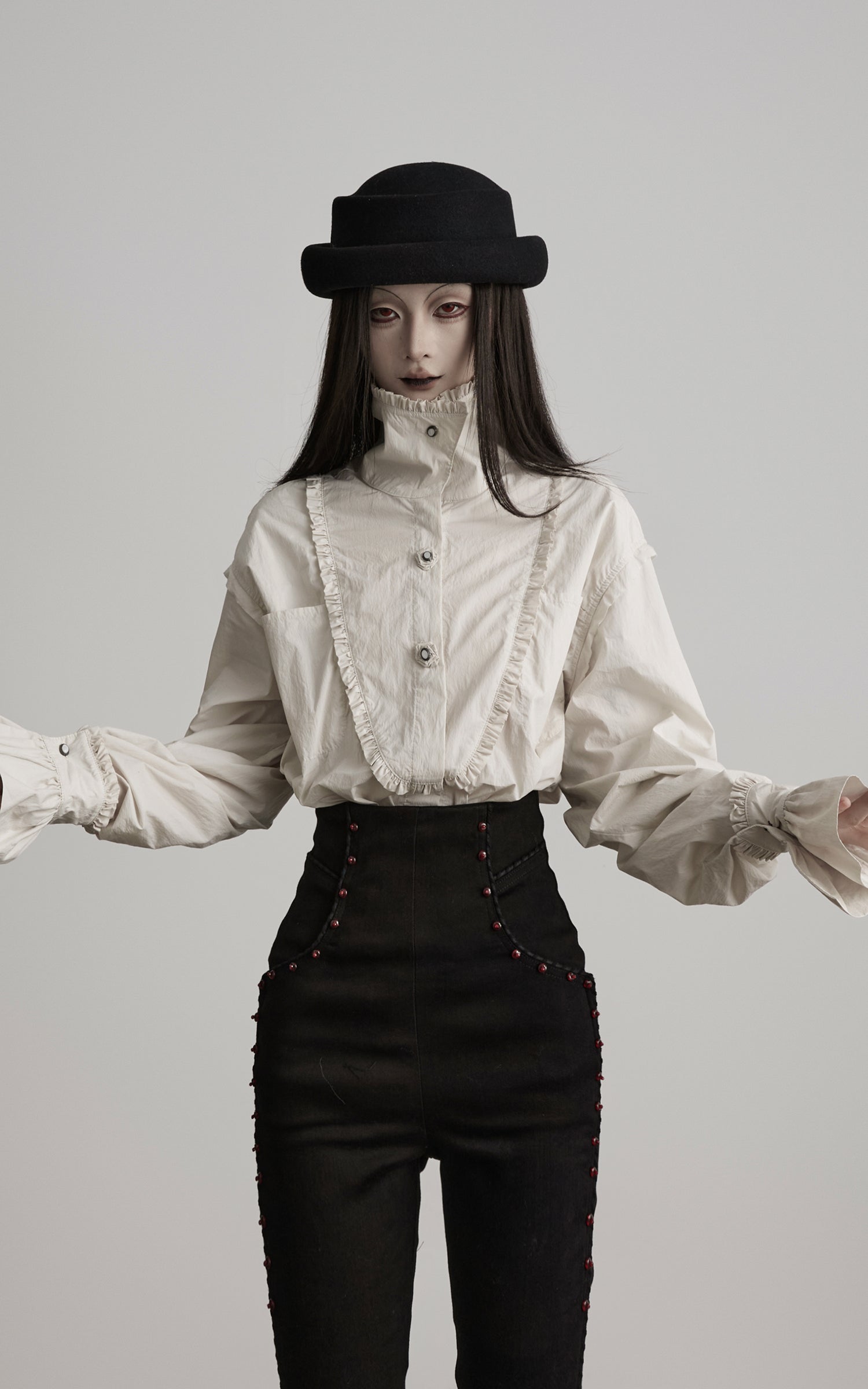 DOINDULGE Ruffled Stand Collar Flared Sleeve Shirt