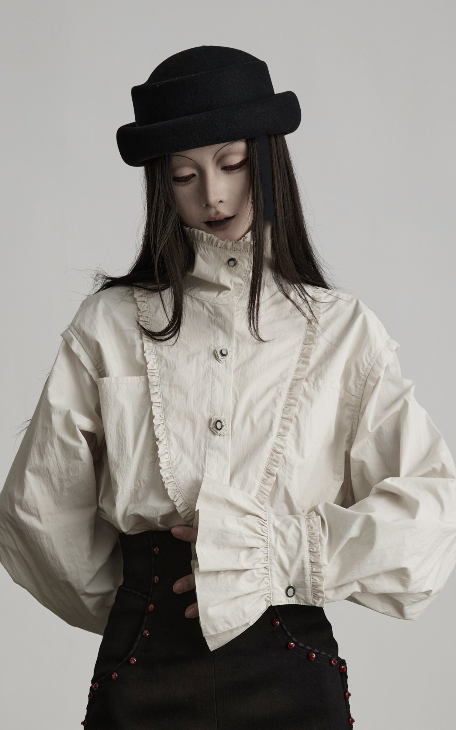 DOINDULGE Ruffled Stand Collar Flared Sleeve Shirt
