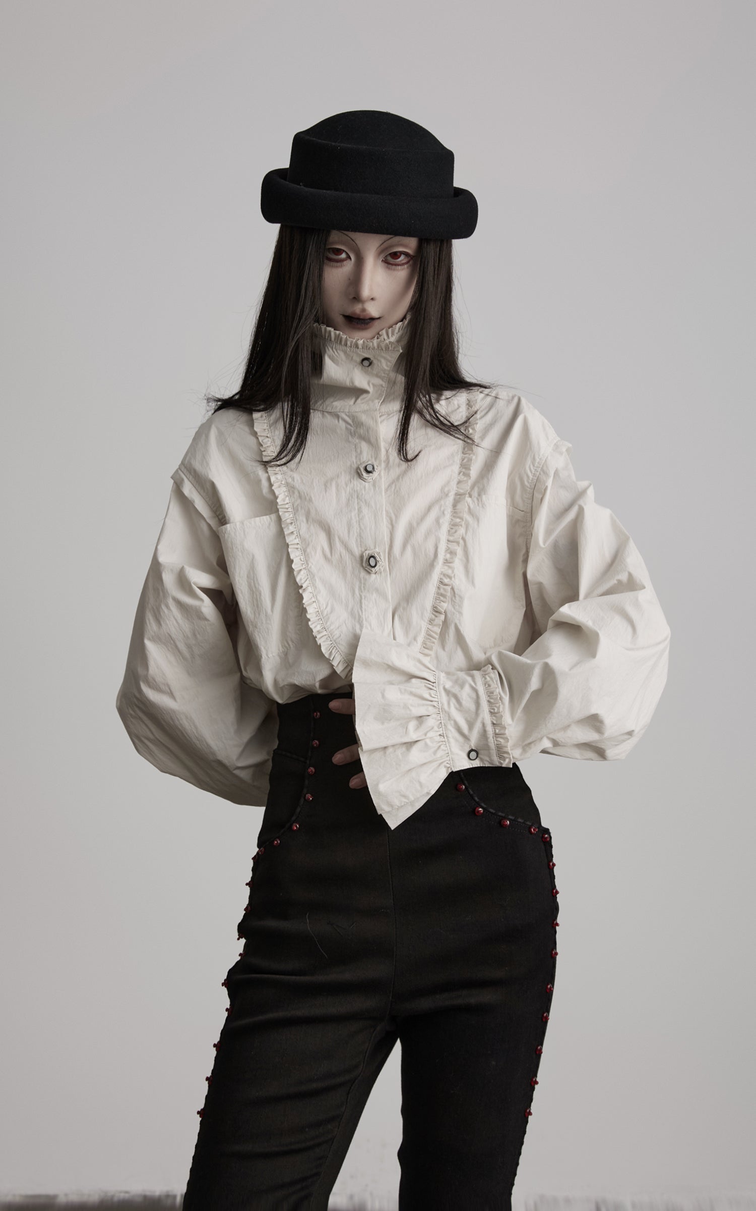 DOINDULGE Ruffled Stand Collar Flared Sleeve Shirt