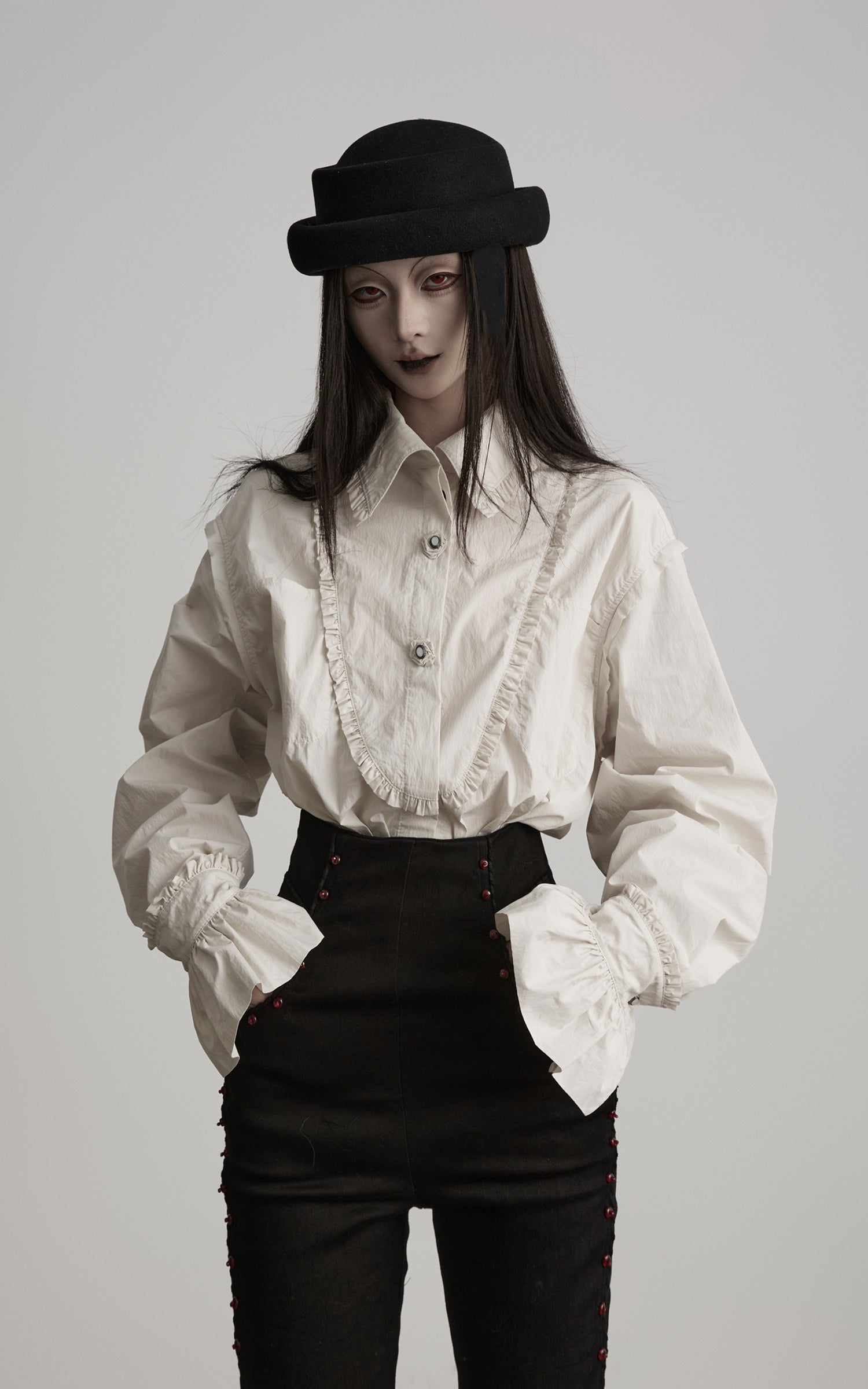 DOINDULGE Ruffled Stand Collar Flared Sleeve Shirt