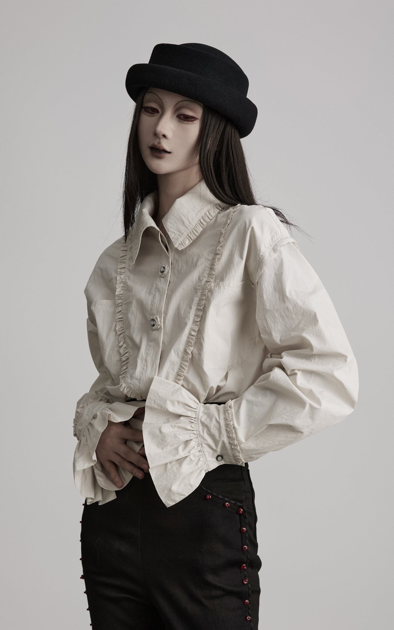 DOINDULGE Ruffled Stand Collar Flared Sleeve Shirt