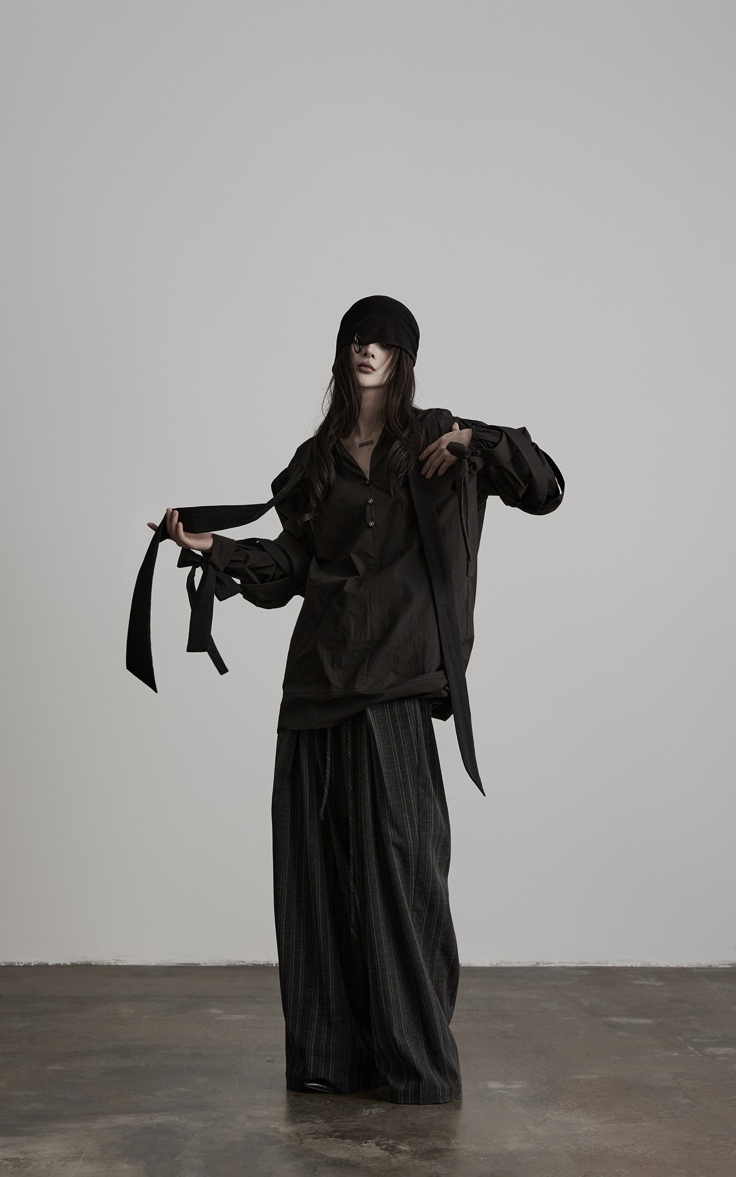 DOINDULGE High-Waist Pleated Pinstripe Wide Leg Trousers