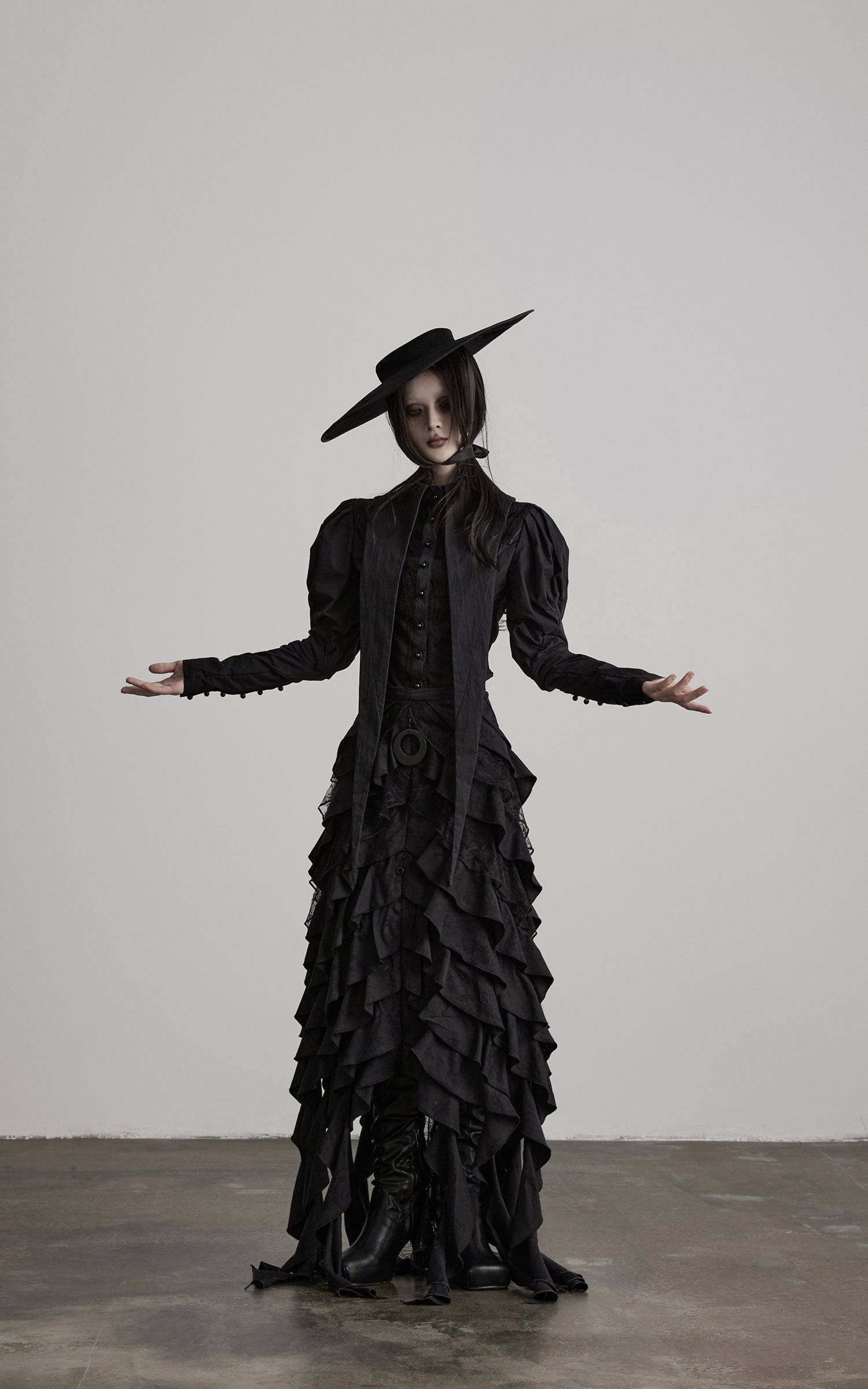 DOINDULGE Layered Ruffle Gothic Asymmetric Long Skirt