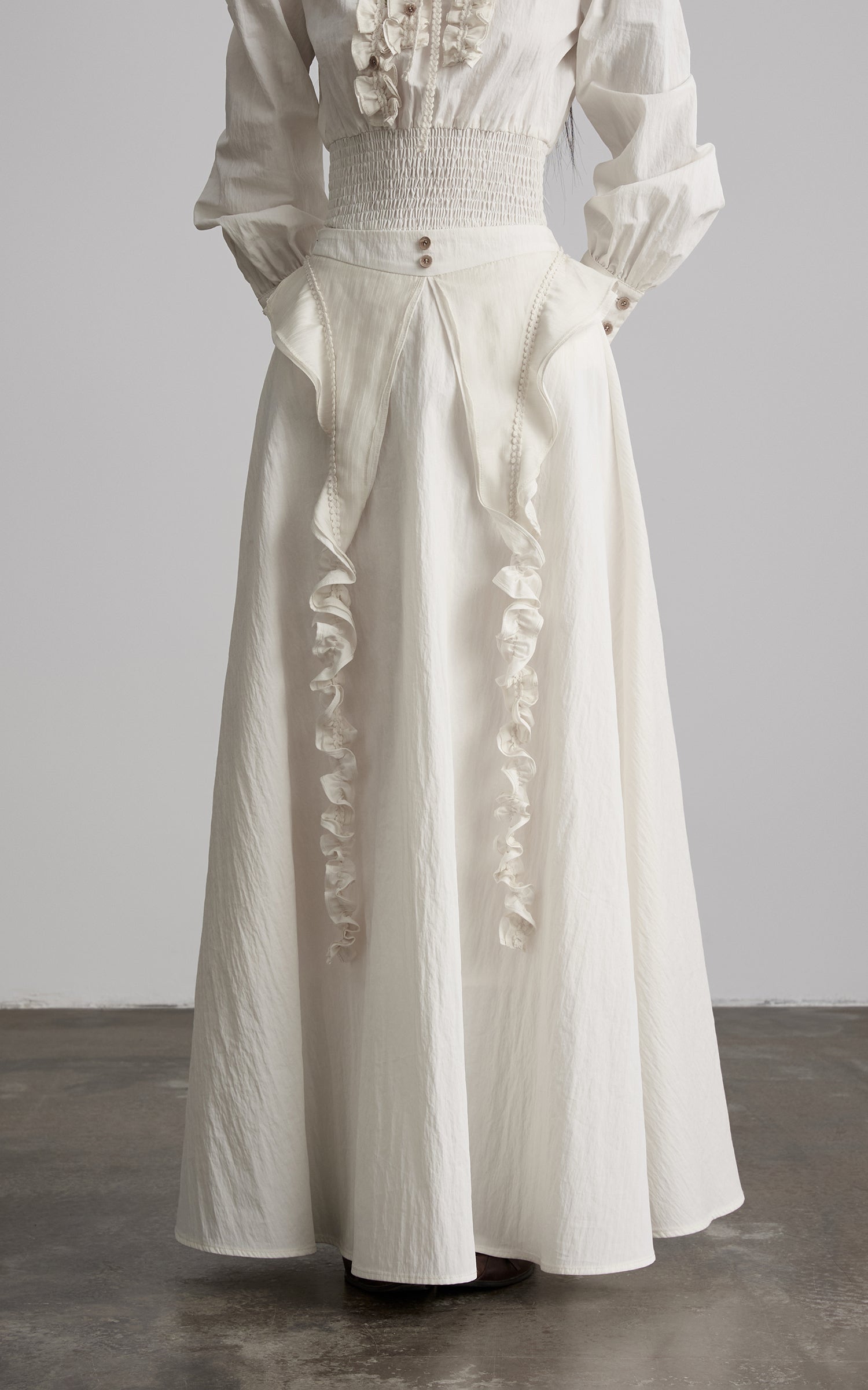 DOINDULGE Sculptural Ruffle Panel High-Waist Long Skirt