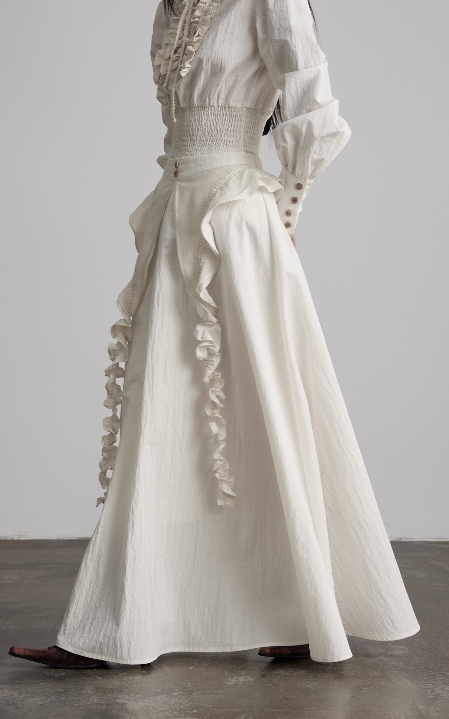 DOINDULGE Sculptural Ruffle Panel High-Waist Long Skirt