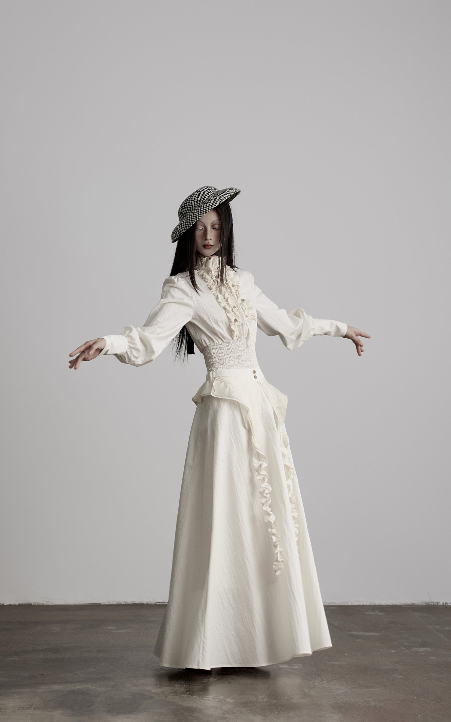DOINDULGE Ruffled High-Neck Smocked Waist Long Sleeve Blouse