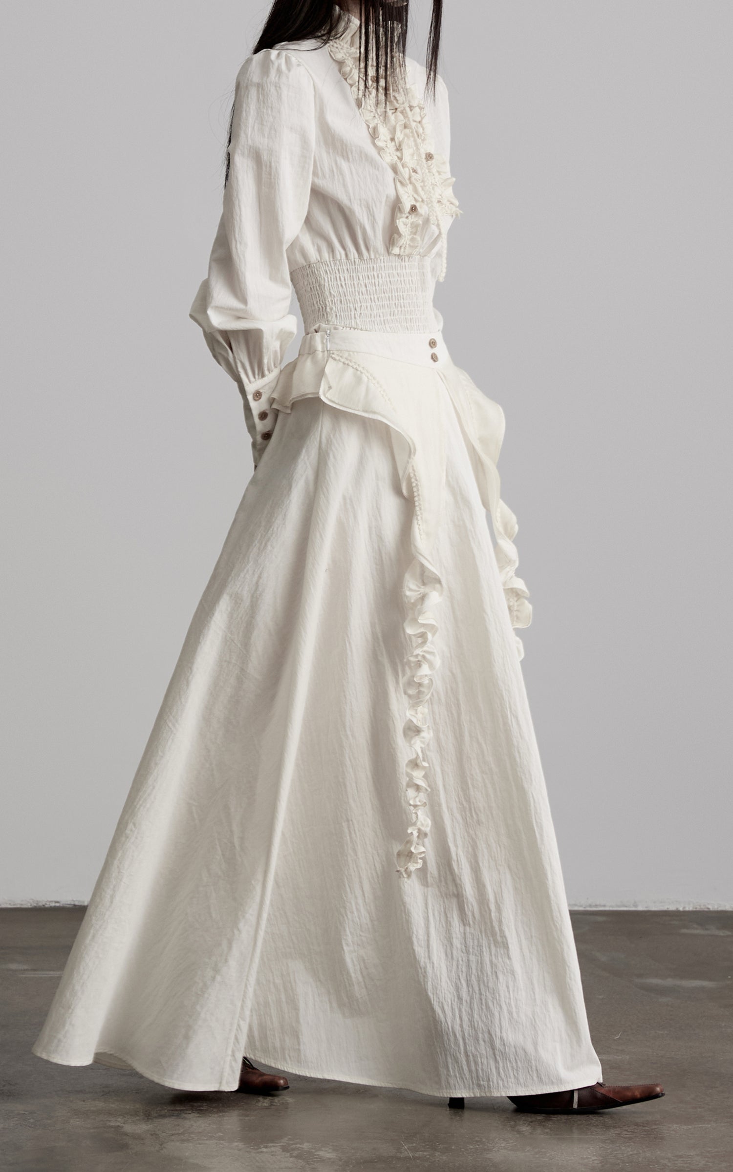 DOINDULGE Ruffled High-Neck Smocked Waist Long Sleeve Blouse