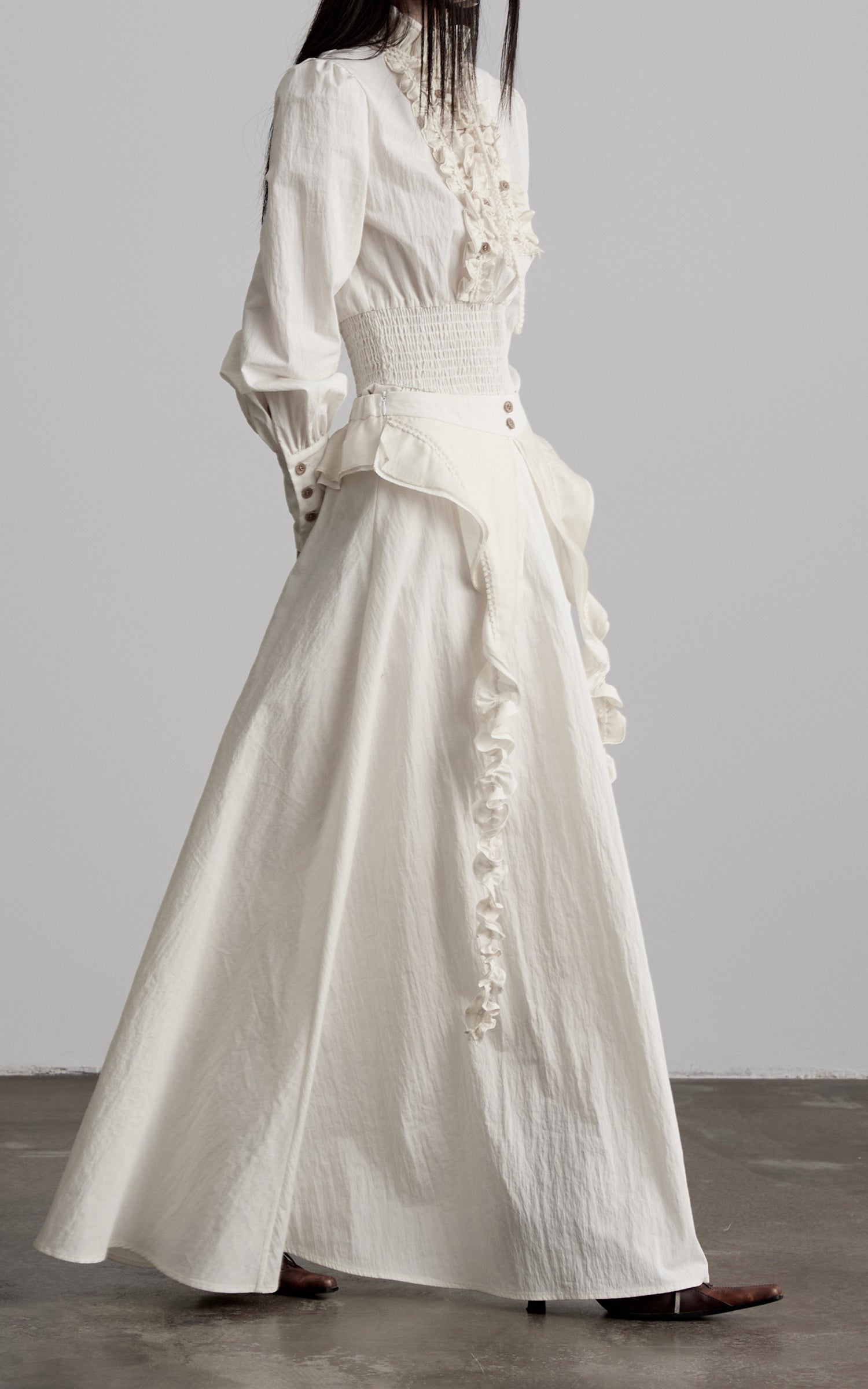 DOINDULGE Sculptural Ruffle Panel High-Waist Long Skirt