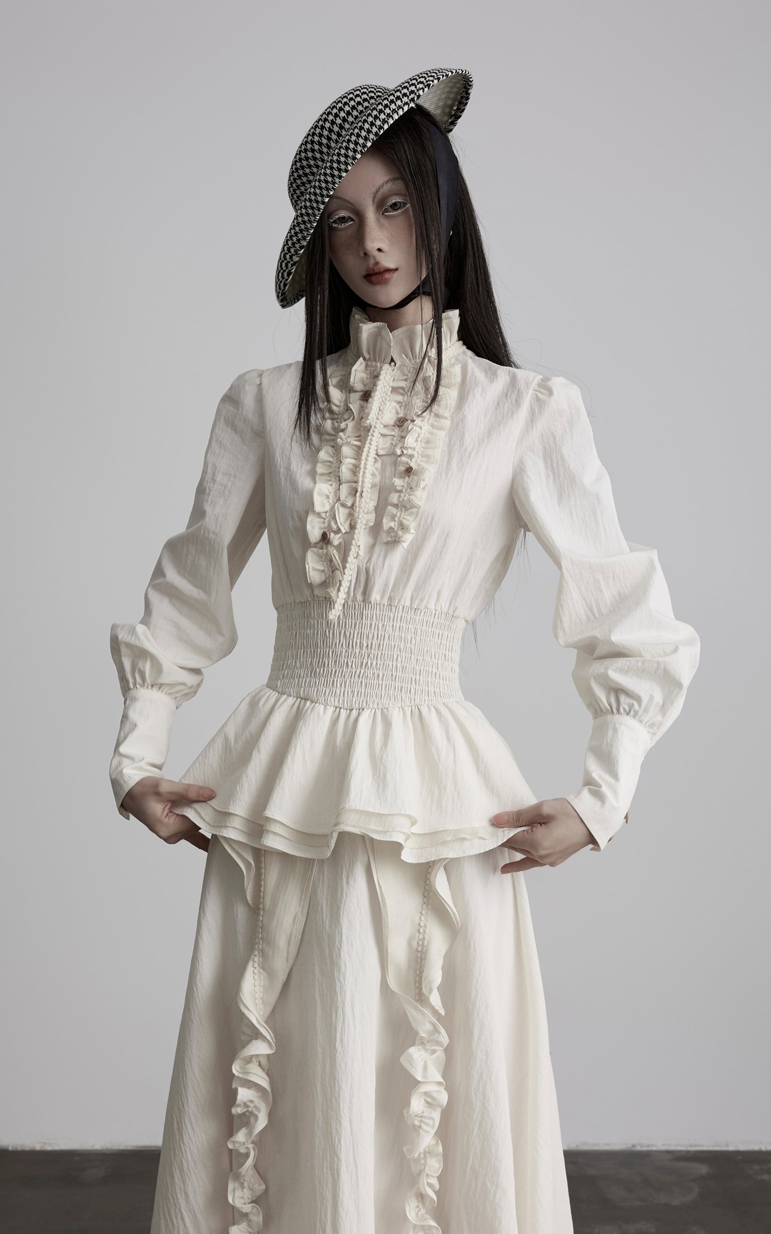 DOINDULGE Ruffled High-Neck Smocked Waist Long Sleeve Blouse