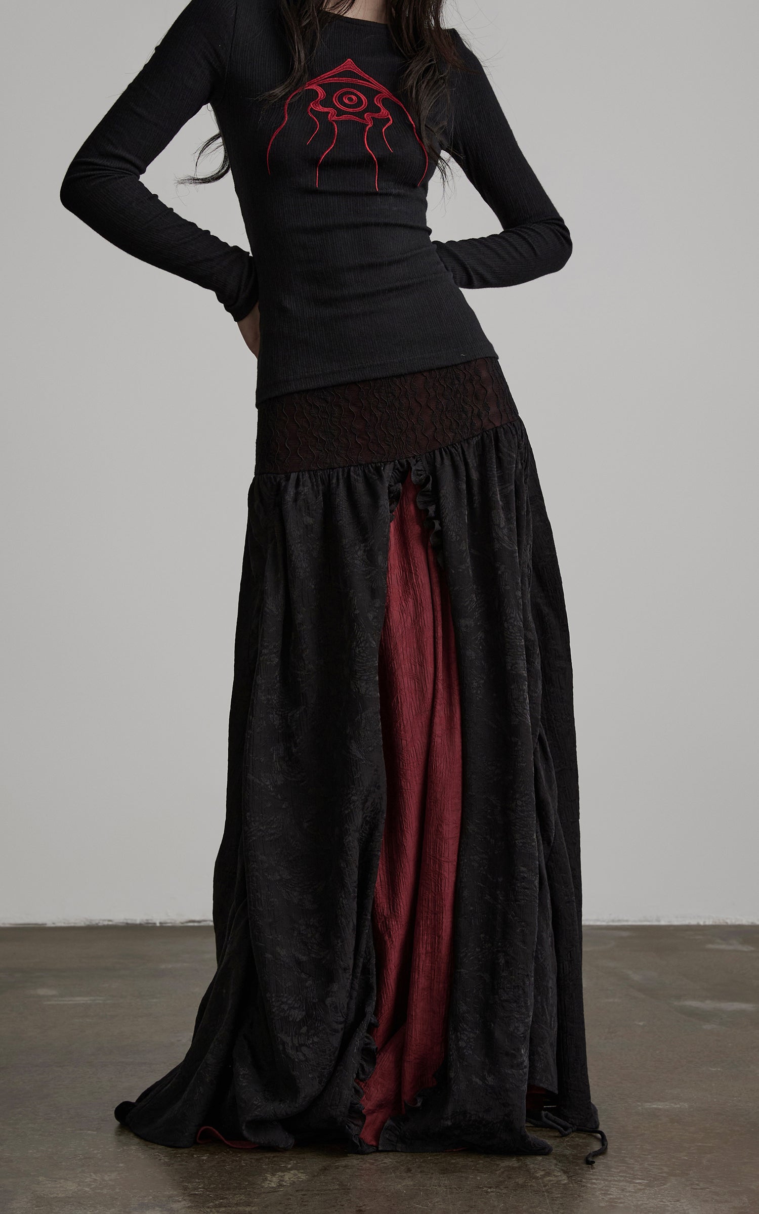 DOINDULGE Layered Draped Panel Gothic Maxi Skirt