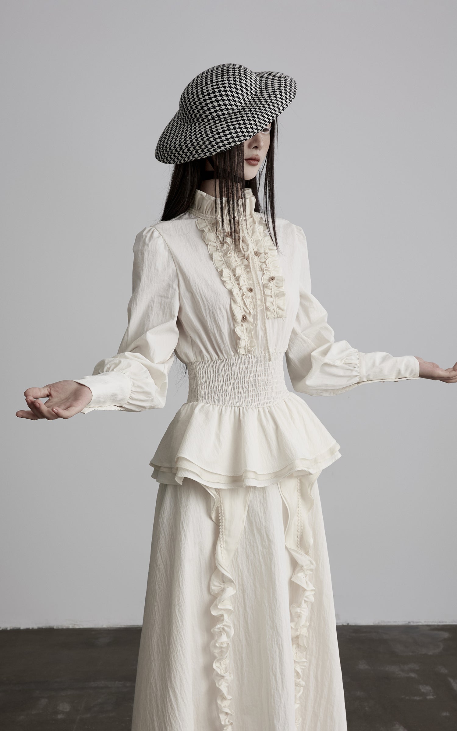 DOINDULGE Ruffled High-Neck Smocked Waist Long Sleeve Blouse