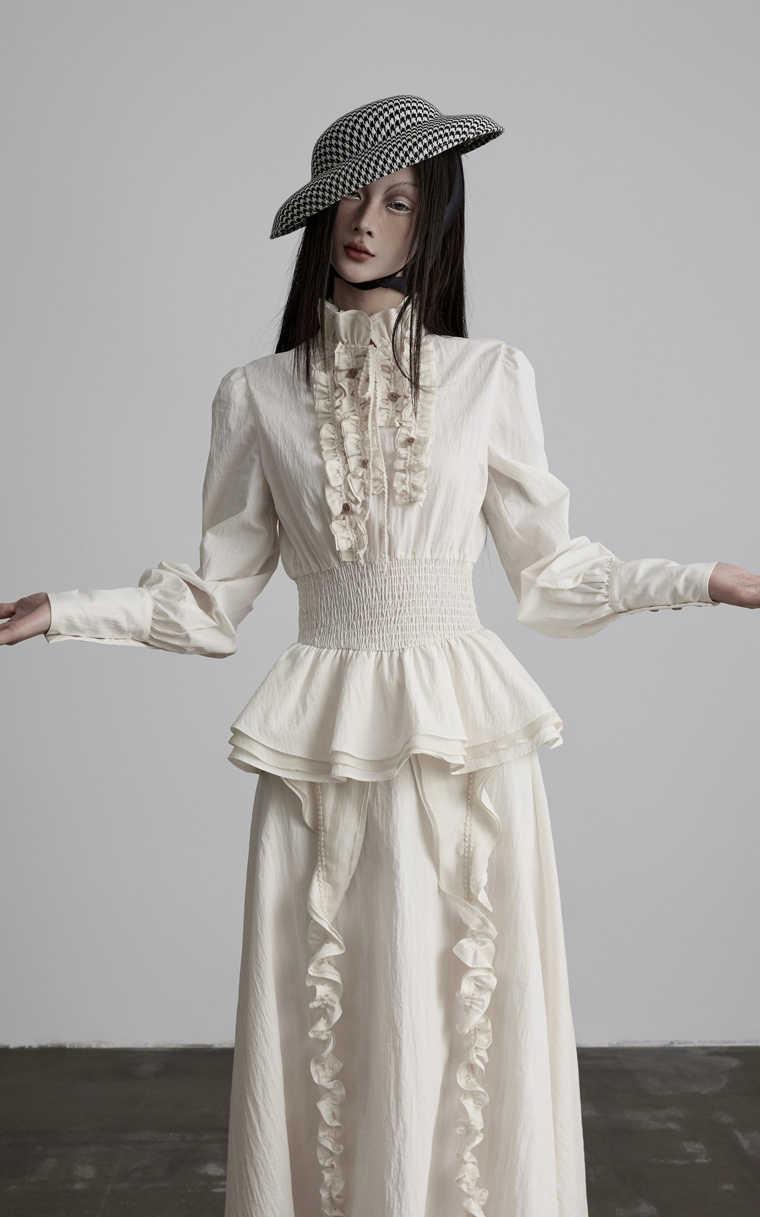 DOINDULGE Ruffled High-Neck Smocked Waist Long Sleeve Blouse