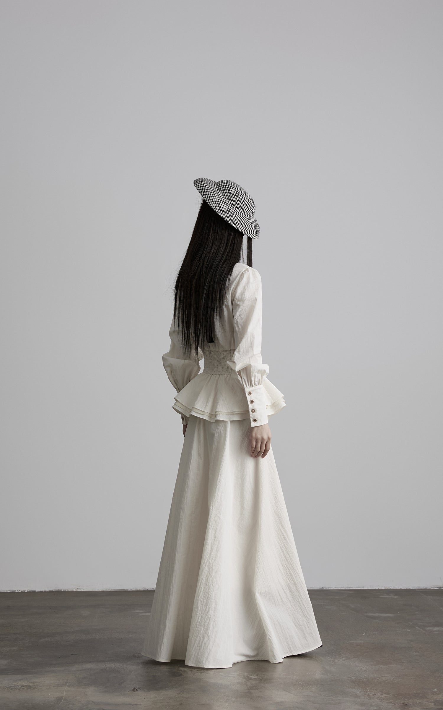 DOINDULGE Ruffled High-Neck Smocked Waist Long Sleeve Blouse