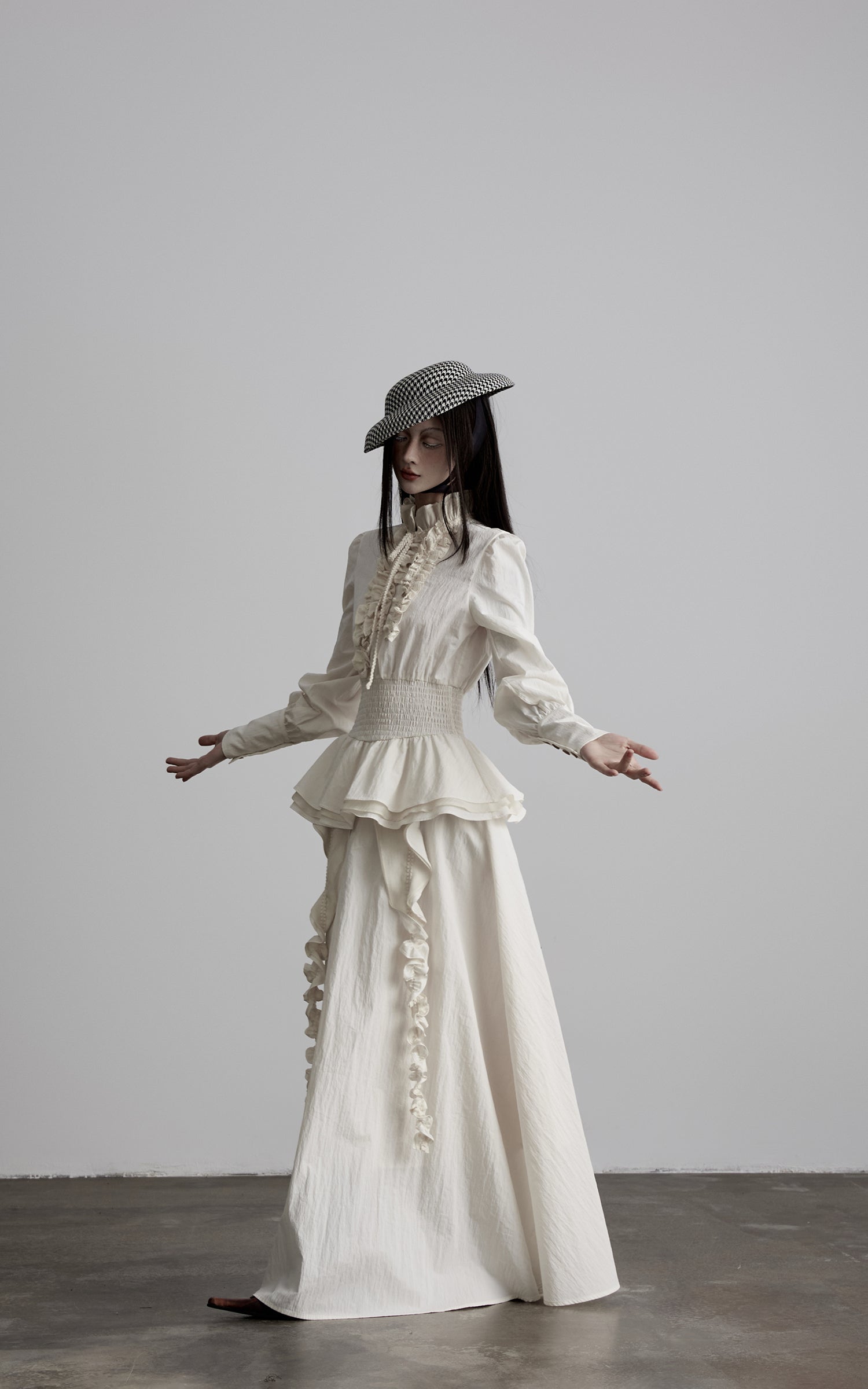 DOINDULGE Ruffled High-Neck Smocked Waist Long Sleeve Blouse