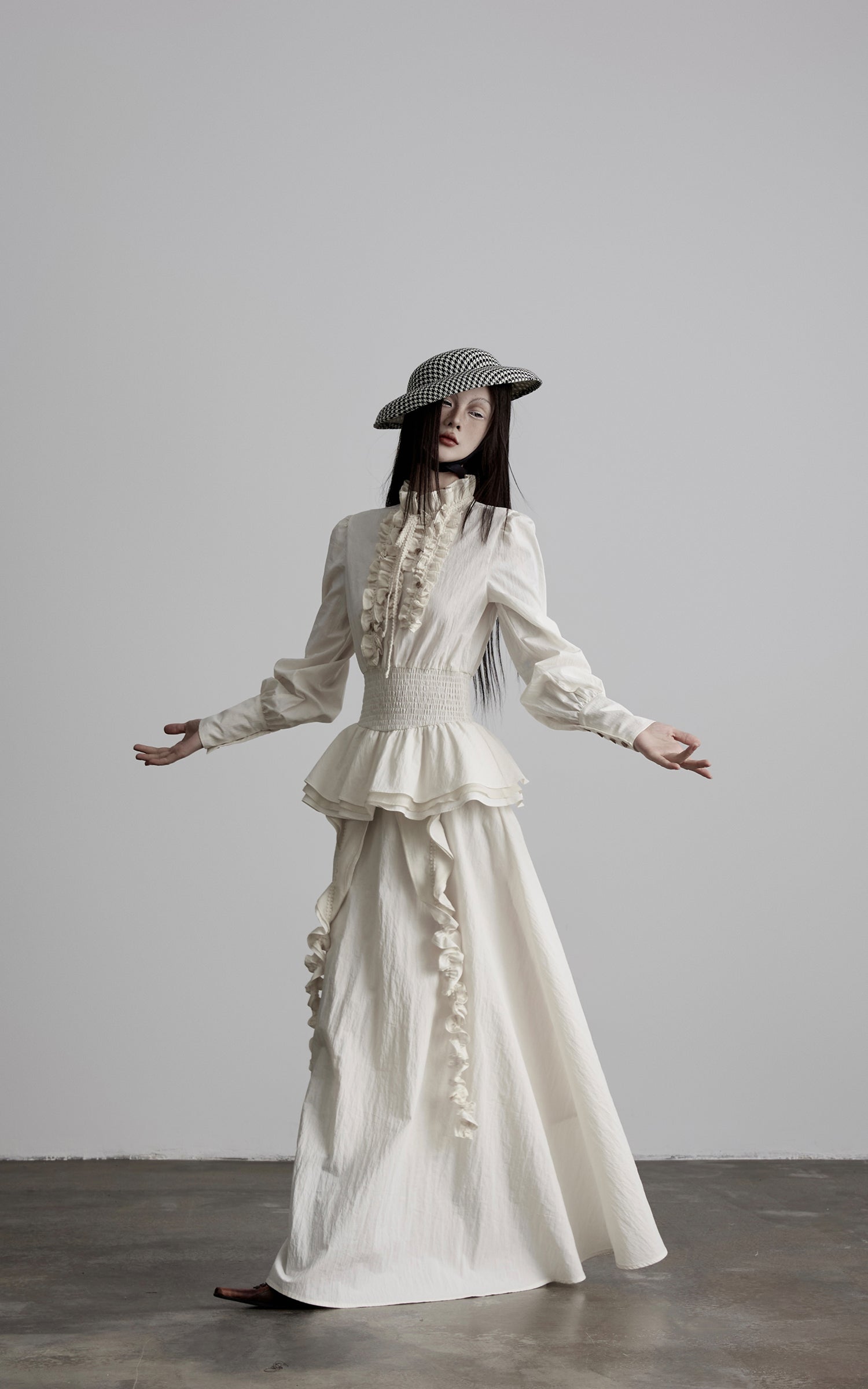 DOINDULGE Ruffled High-Neck Smocked Waist Long Sleeve Blouse