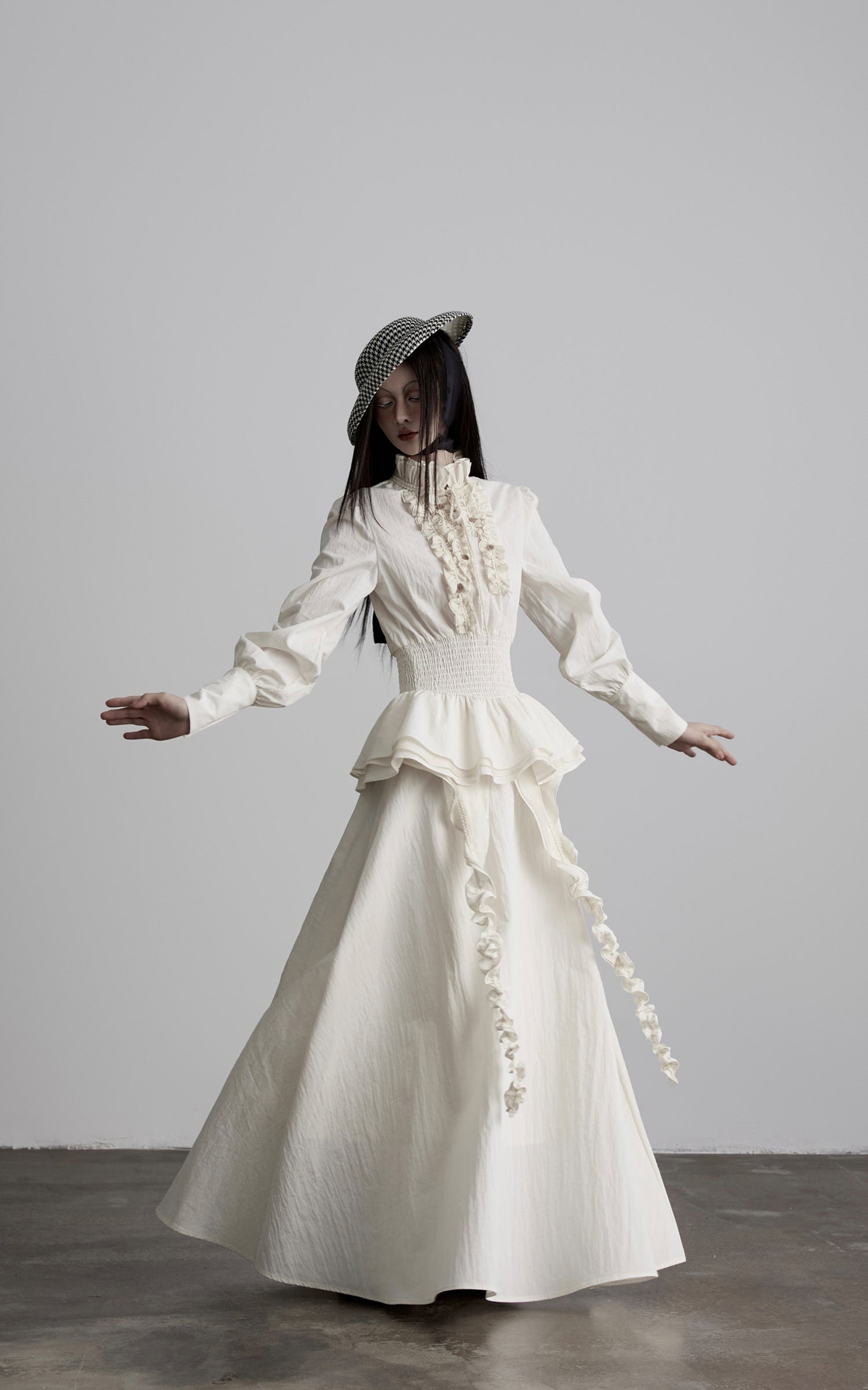 DOINDULGE Ruffled High-Neck Smocked Waist Long Sleeve Blouse