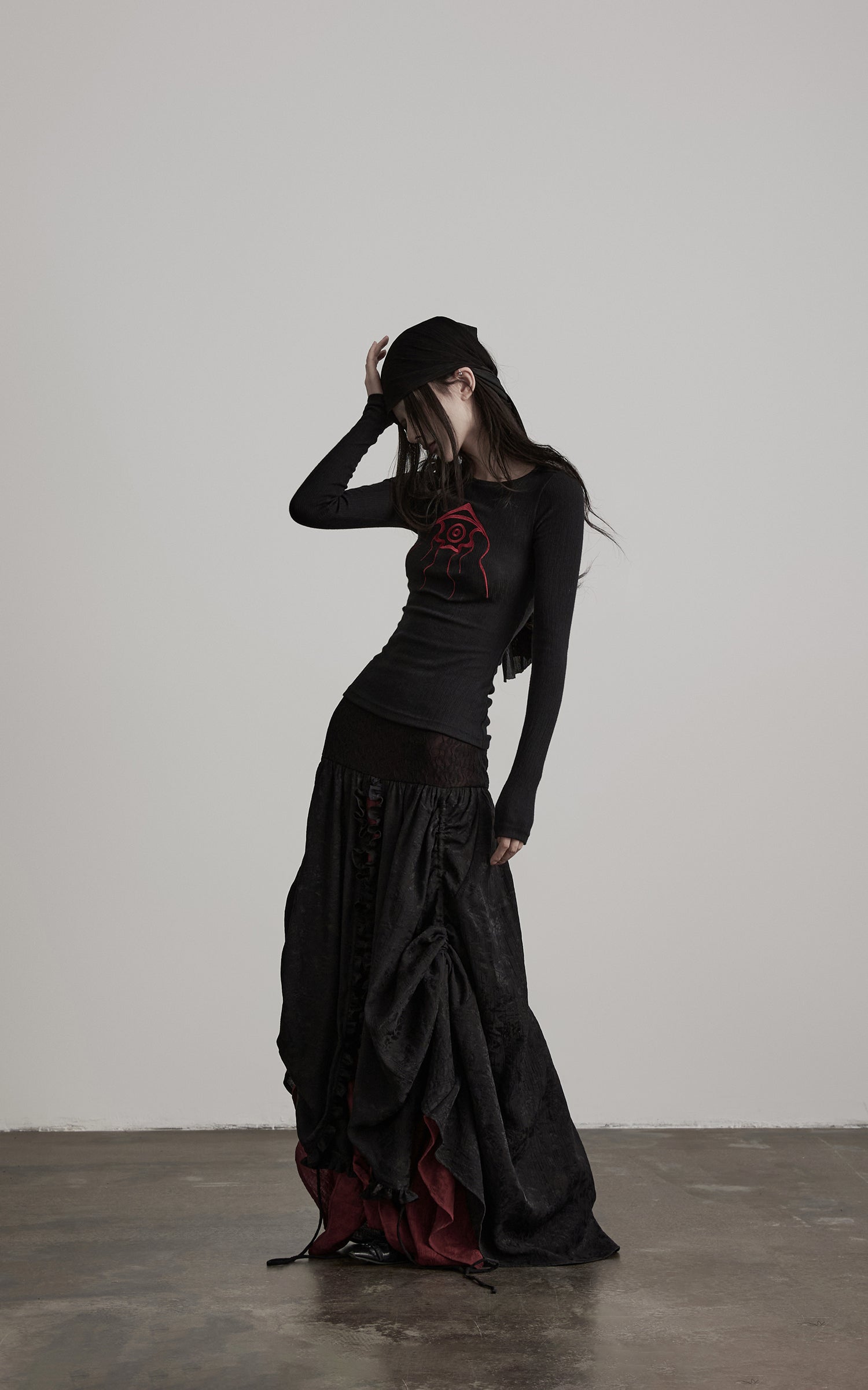 DOINDULGE Layered Draped Panel Gothic Maxi Skirt