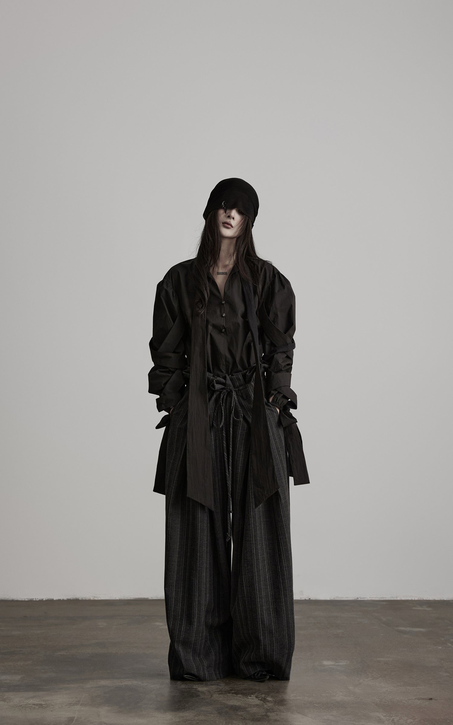 DOINDULGE High-Waist Pleated Pinstripe Wide Leg Trousers