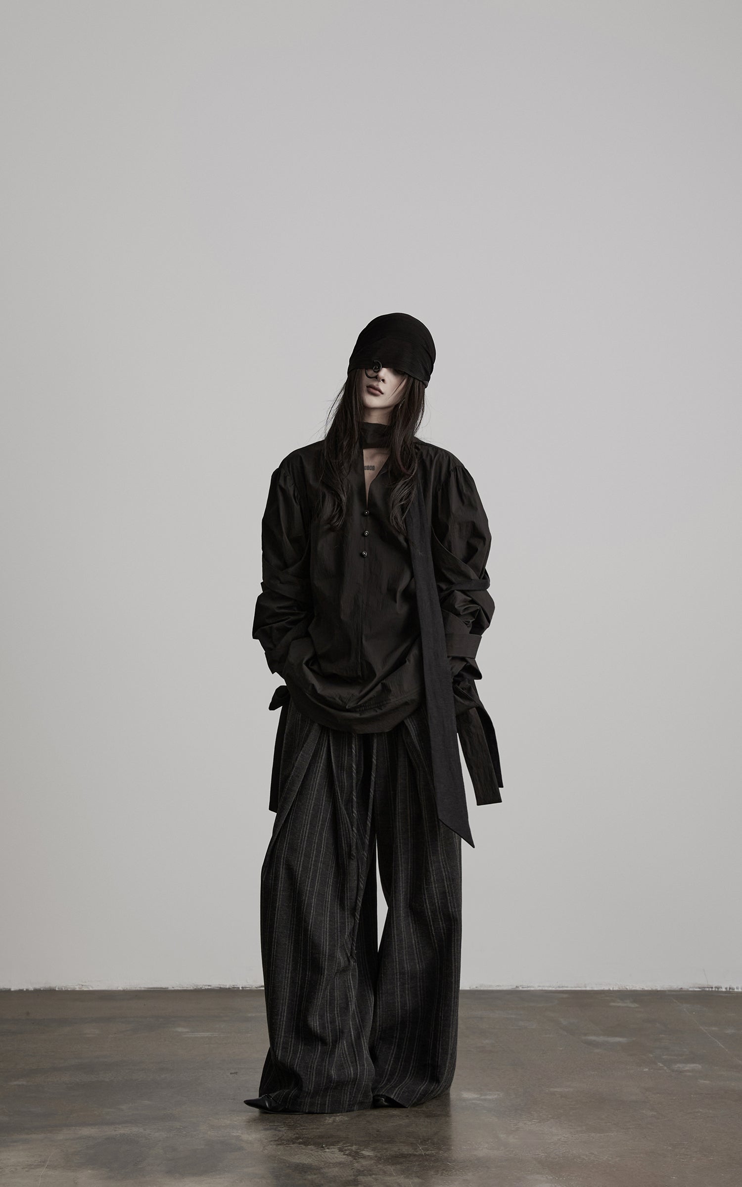 DOINDULGE High-Waist Pleated Pinstripe Wide Leg Trousers