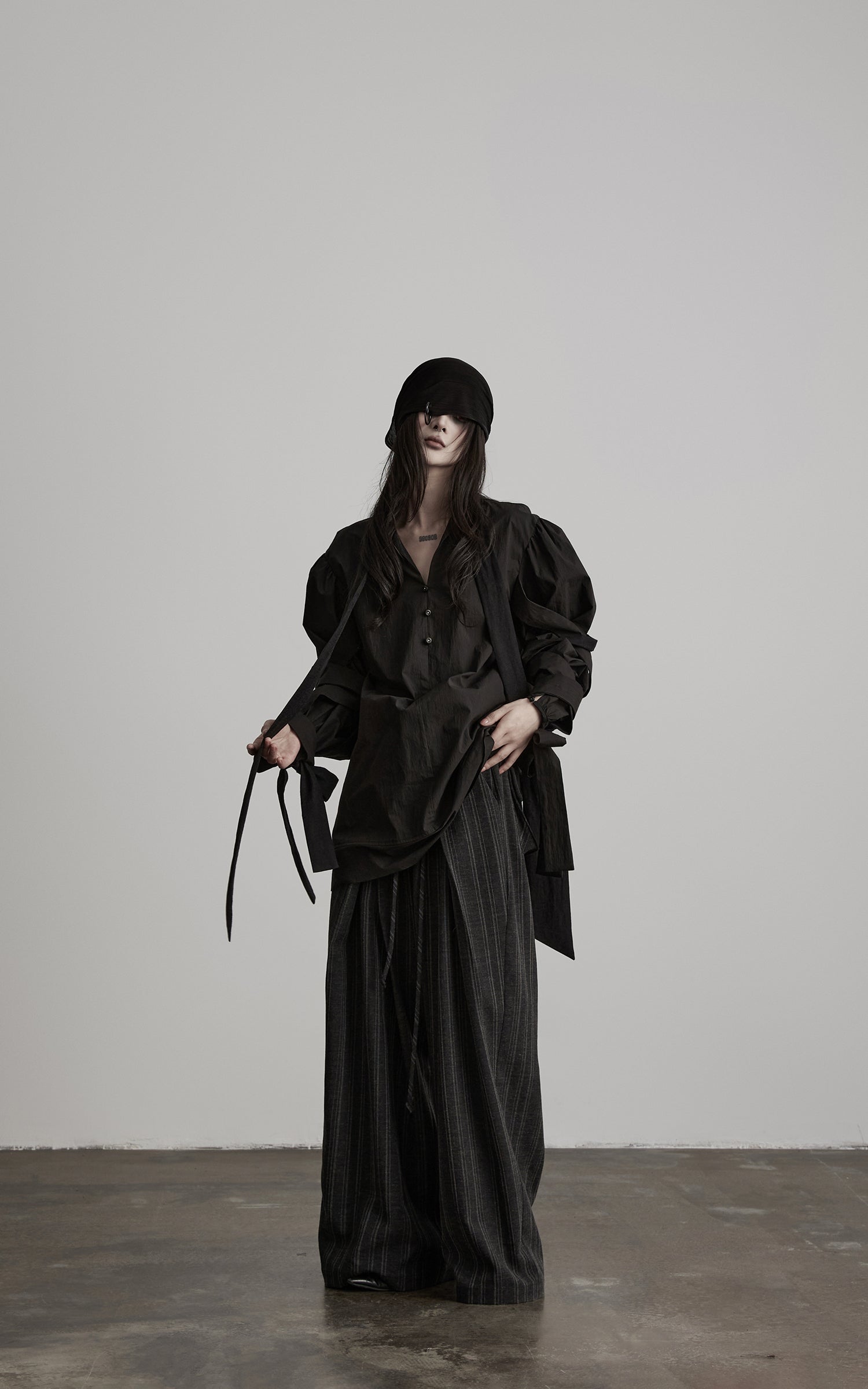 DOINDULGE High-Waist Pleated Pinstripe Wide Leg Trousers