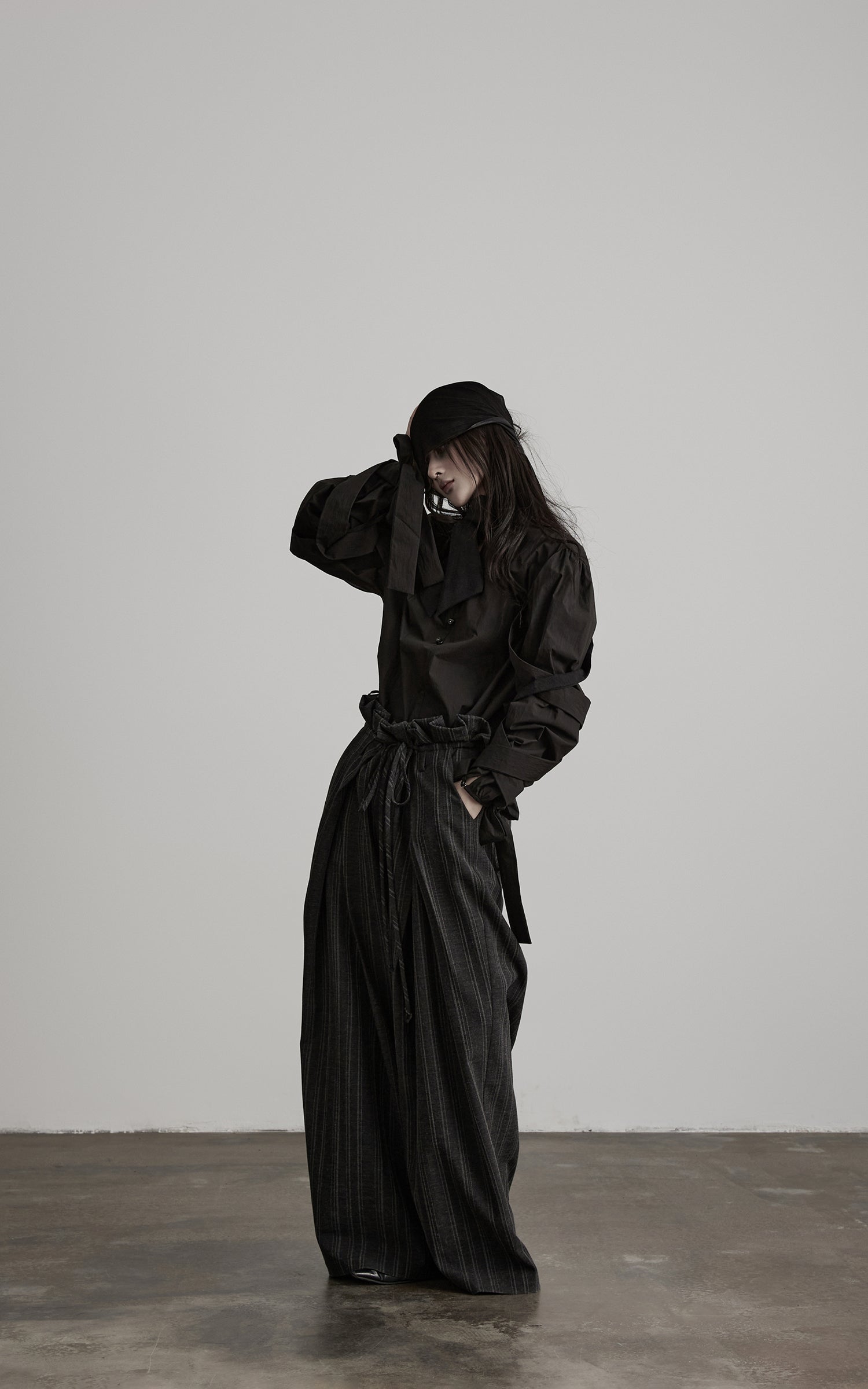 DOINDULGE High-Waist Pleated Pinstripe Wide Leg Trousers