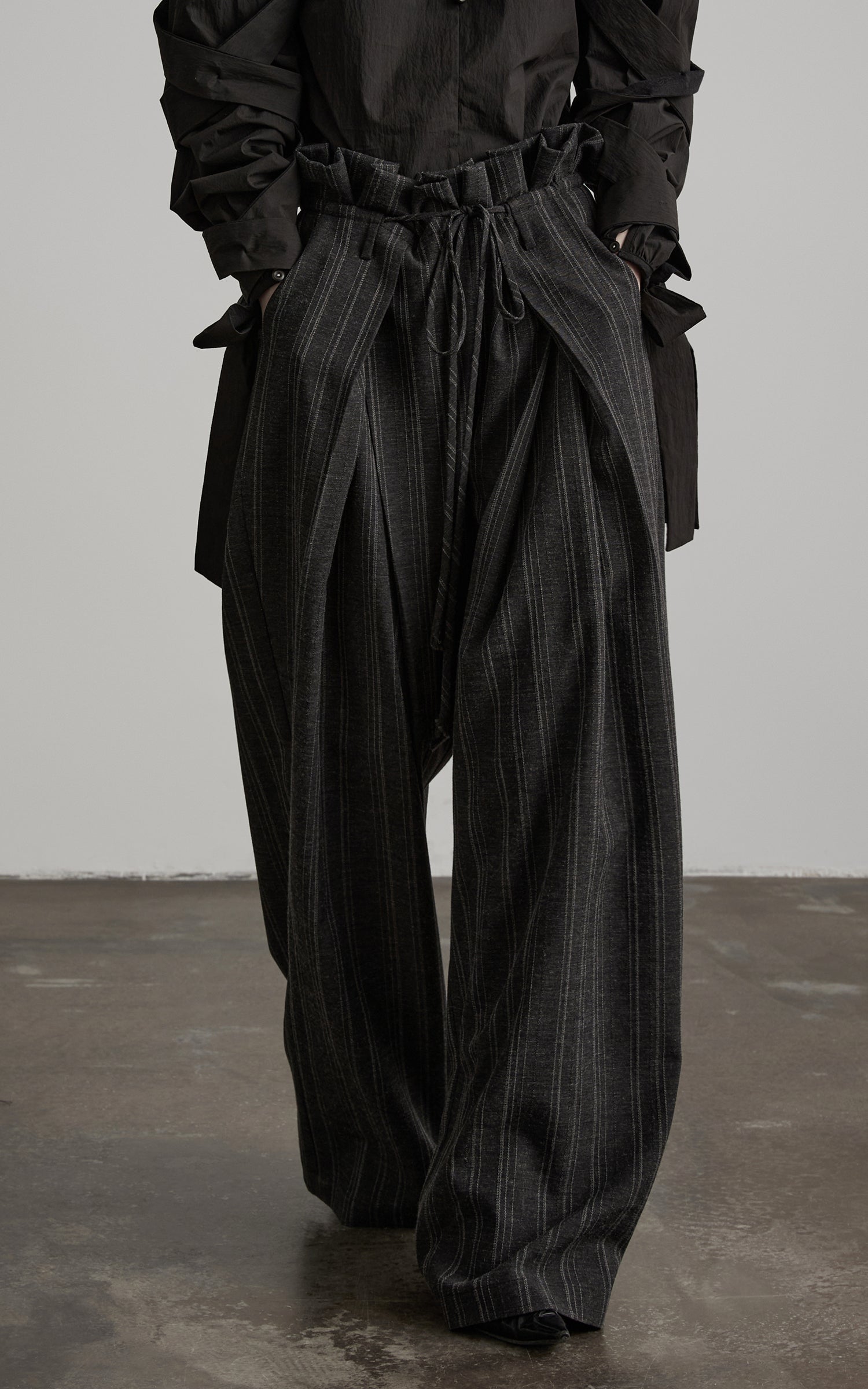 DOINDULGE High-Waist Pleated Pinstripe Wide Leg Trousers