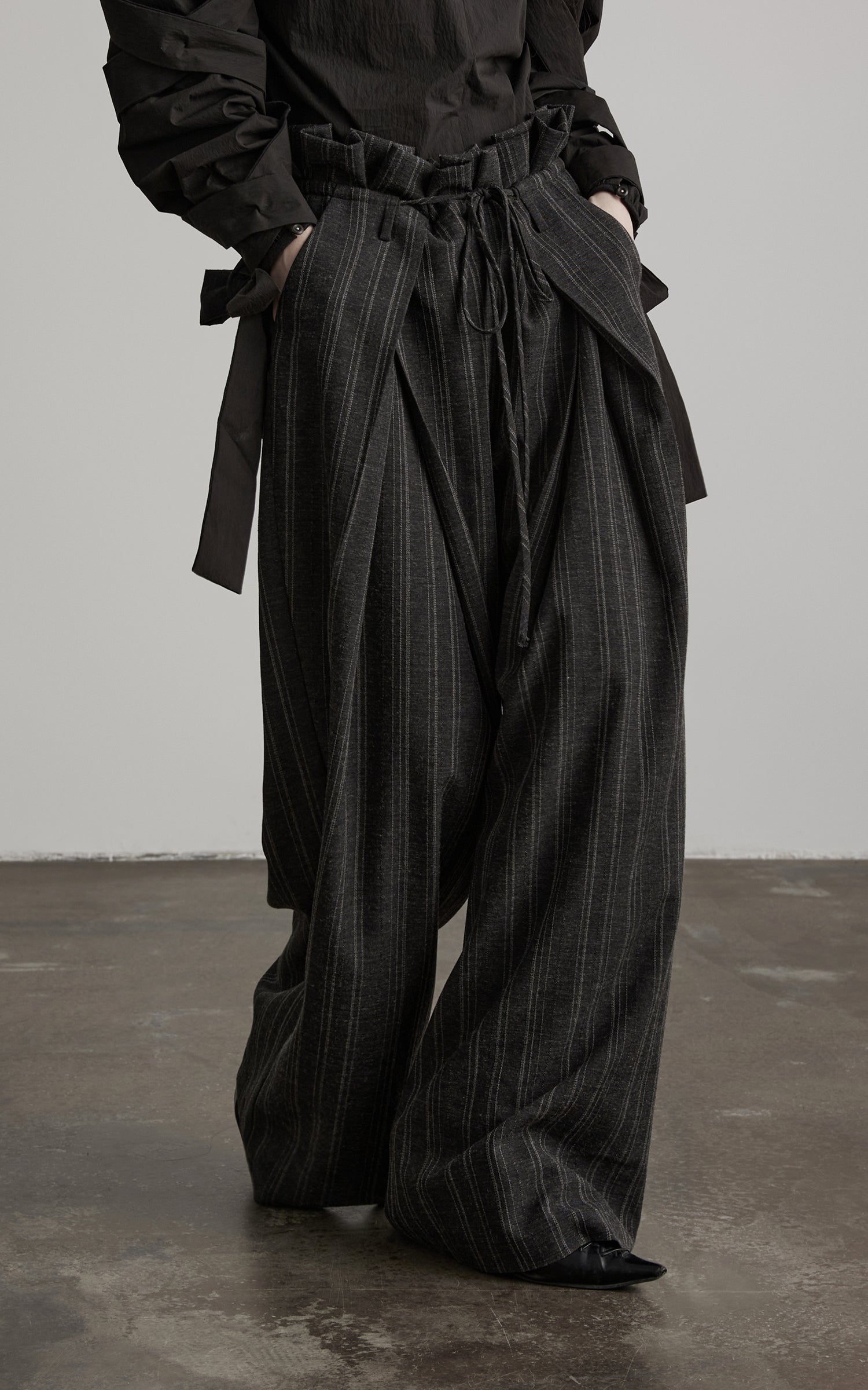 DOINDULGE High-Waist Pleated Pinstripe Wide Leg Trousers
