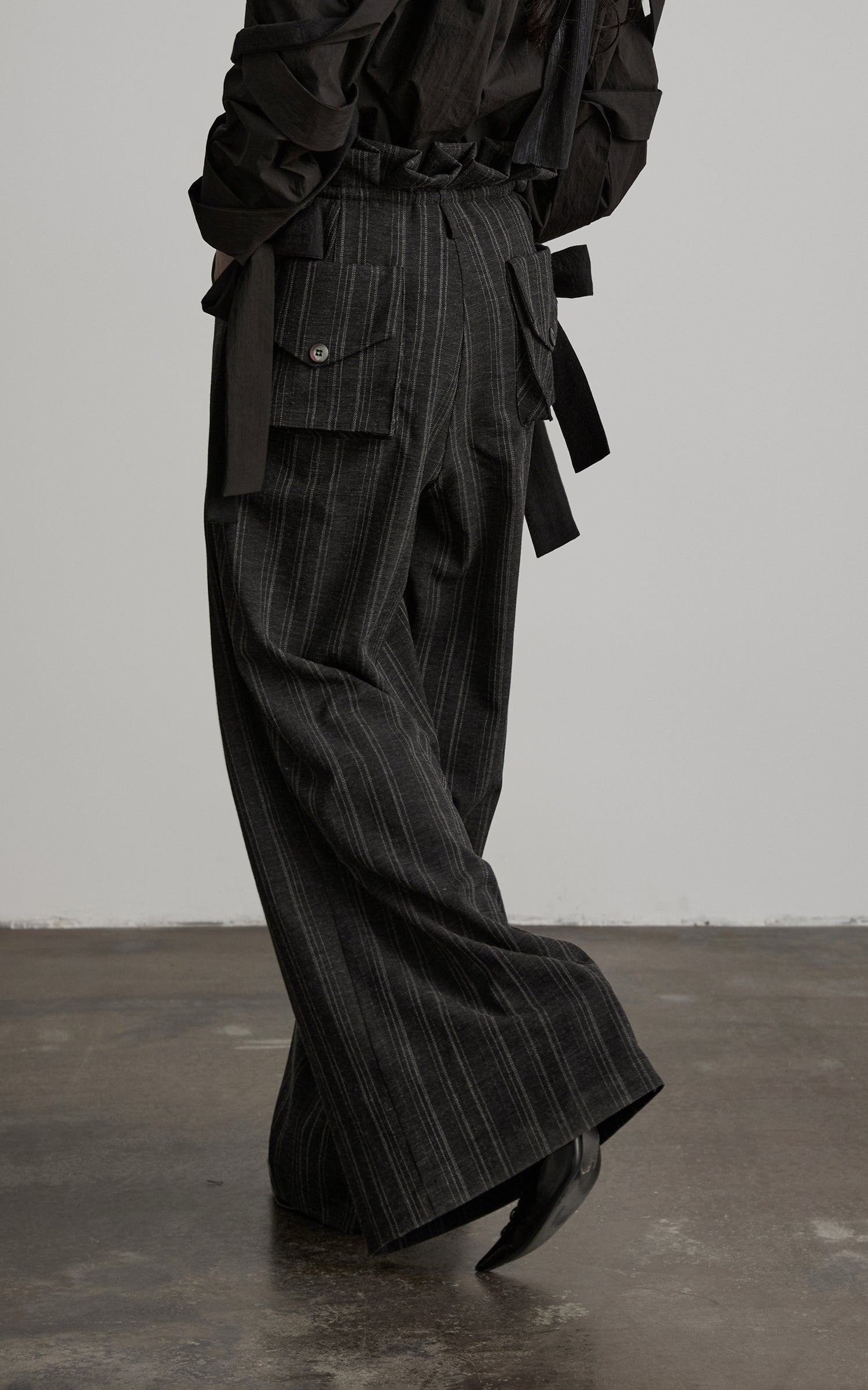 DOINDULGE High-Waist Pleated Pinstripe Wide Leg Trousers