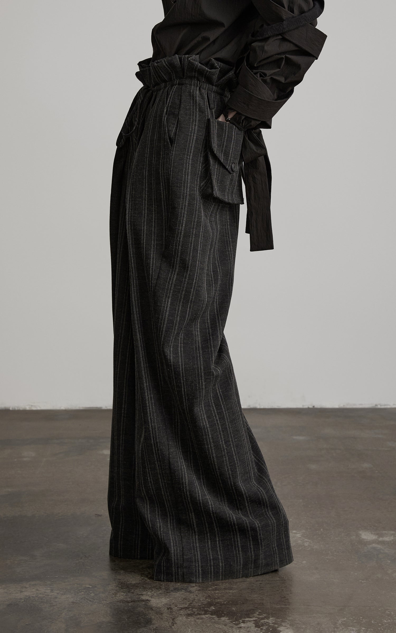 DOINDULGE High-Waist Pleated Pinstripe Wide Leg Trousers