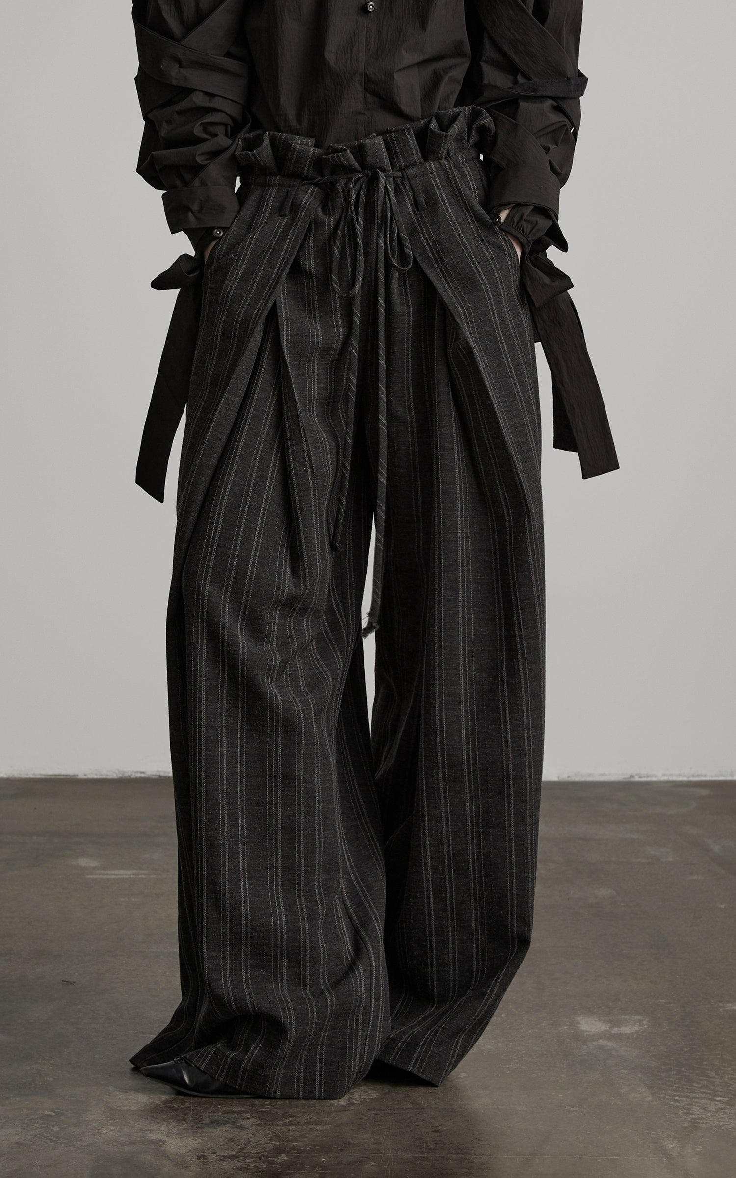 DOINDULGE High-Waist Pleated Pinstripe Wide Leg Trousers