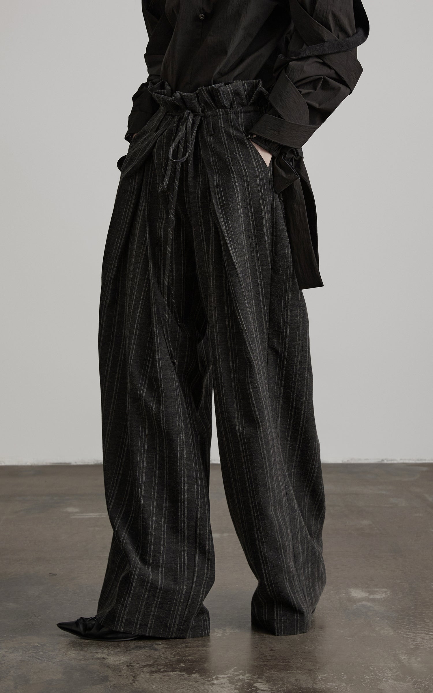 DOINDULGE High-Waist Pleated Pinstripe Wide Leg Trousers