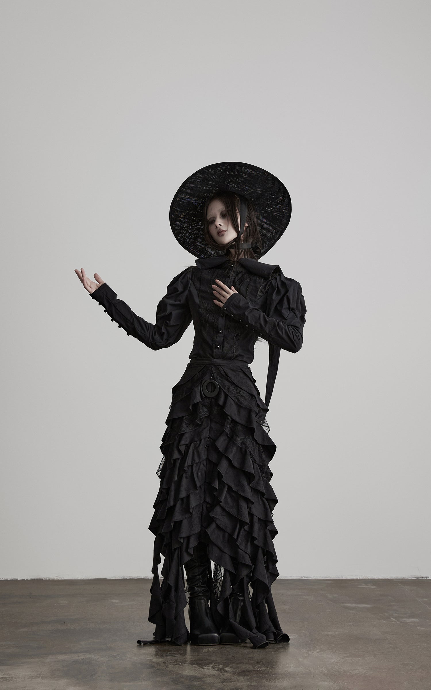 DOINDULGE Layered Ruffle Gothic Asymmetric Long Skirt