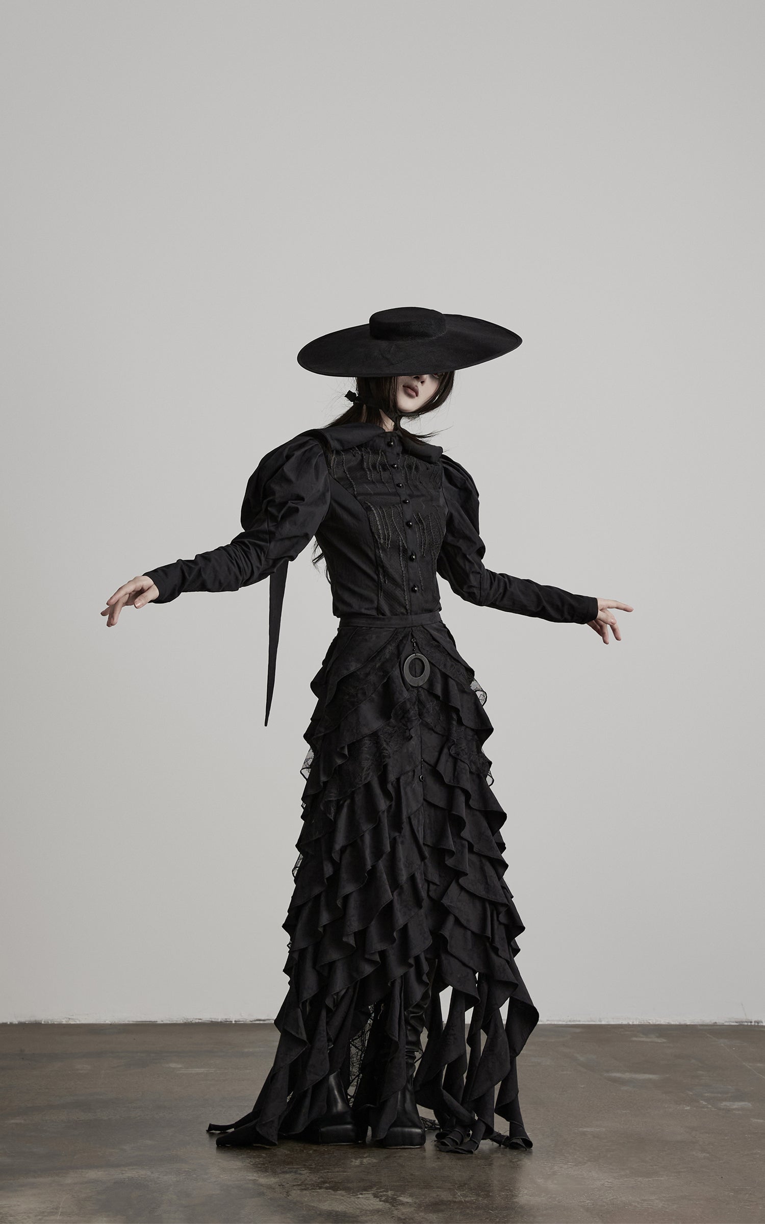 DOINDULGE Layered Ruffle Gothic Asymmetric Long Skirt