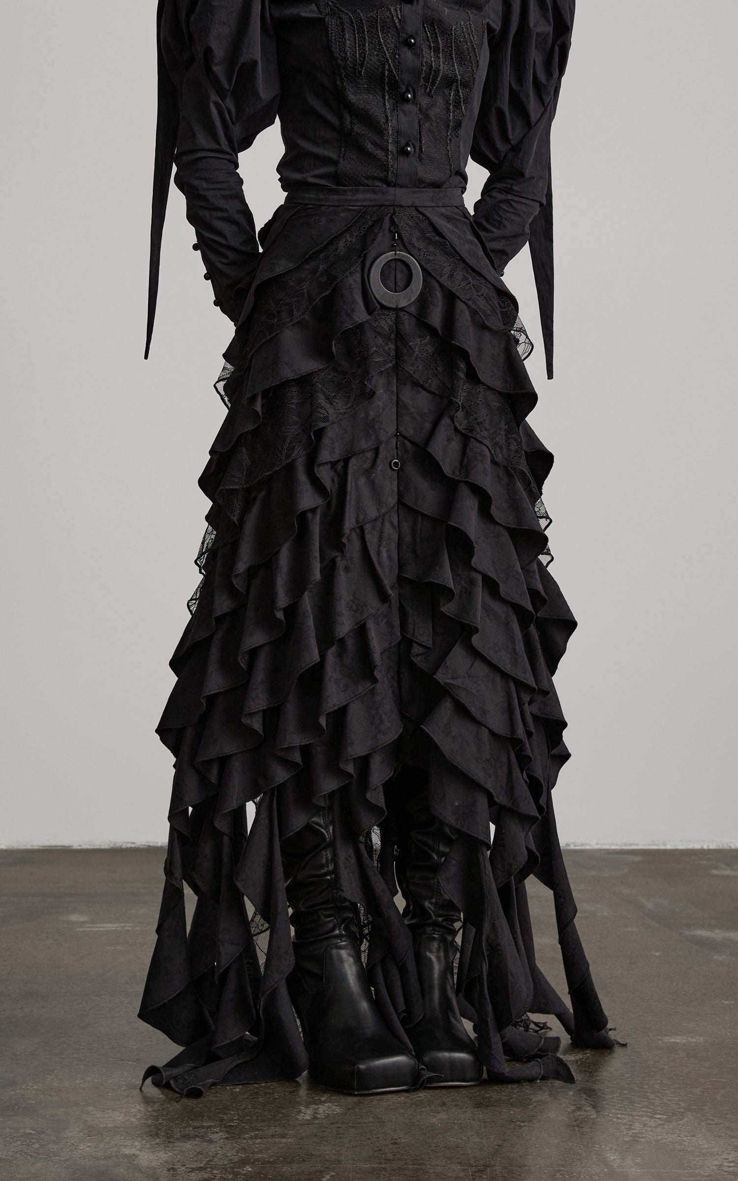 DOINDULGE Layered Ruffle Gothic Asymmetric Long Skirt