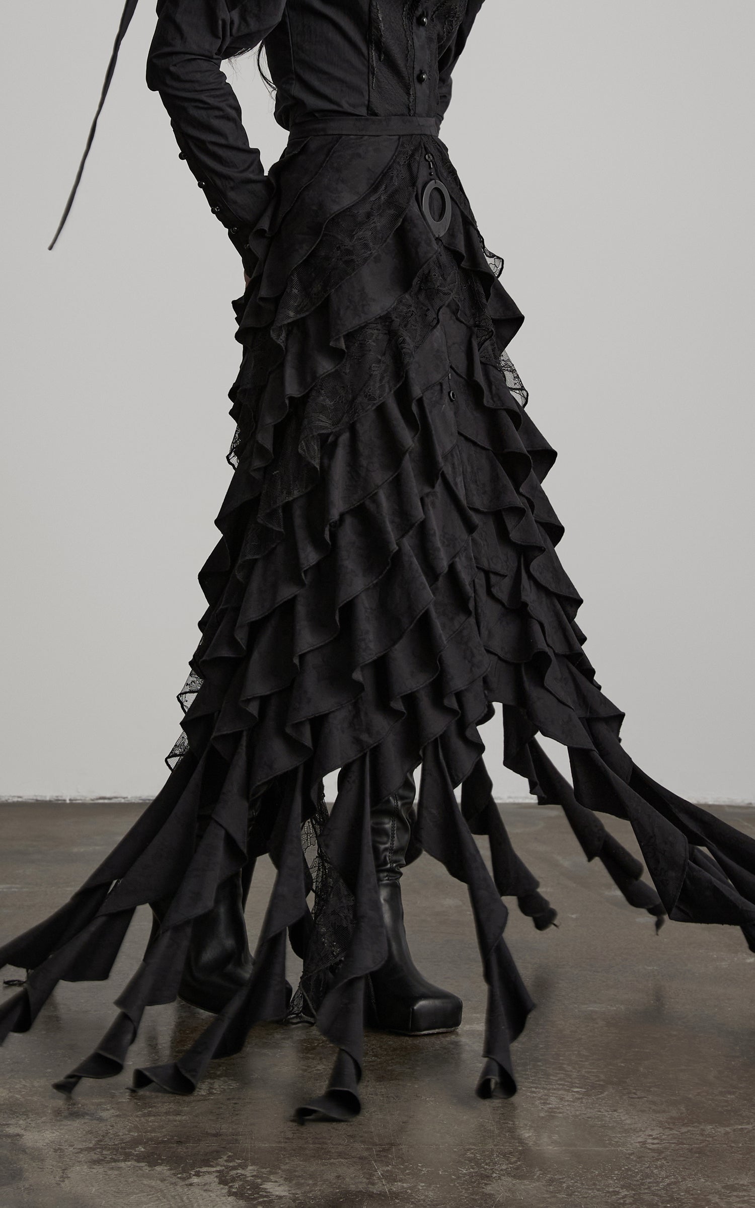 DOINDULGE Layered Ruffle Gothic Asymmetric Long Skirt