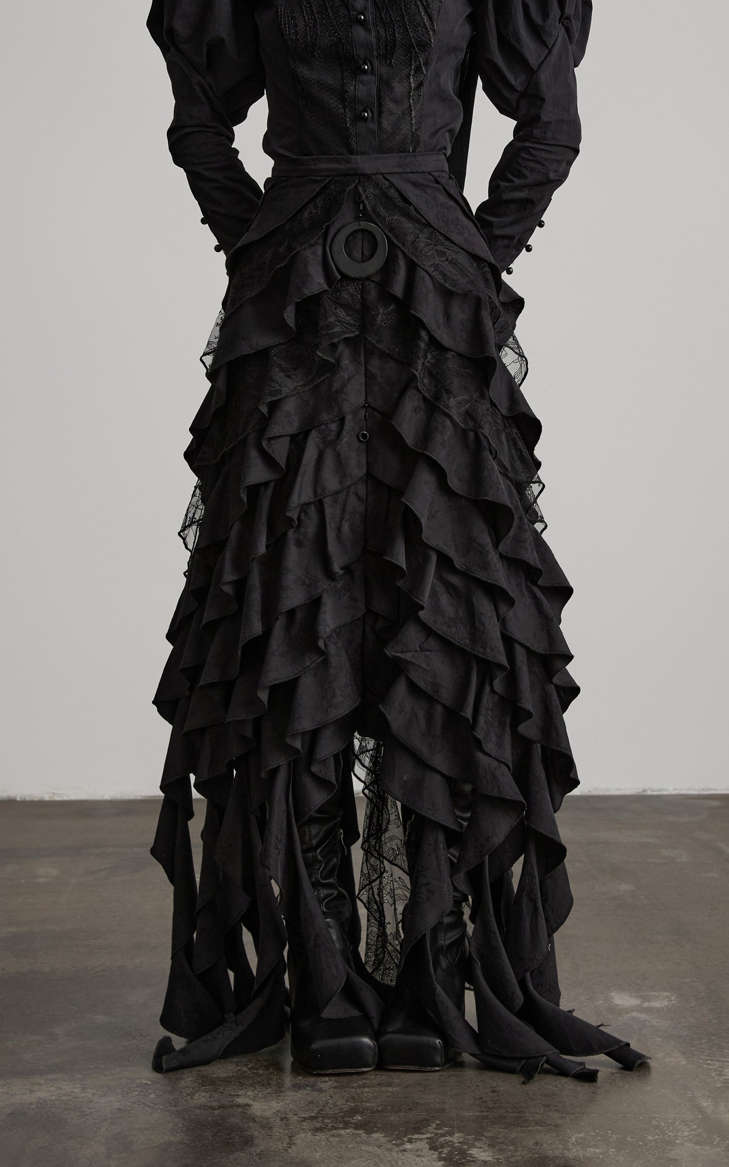 DOINDULGE Layered Ruffle Gothic Asymmetric Long Skirt