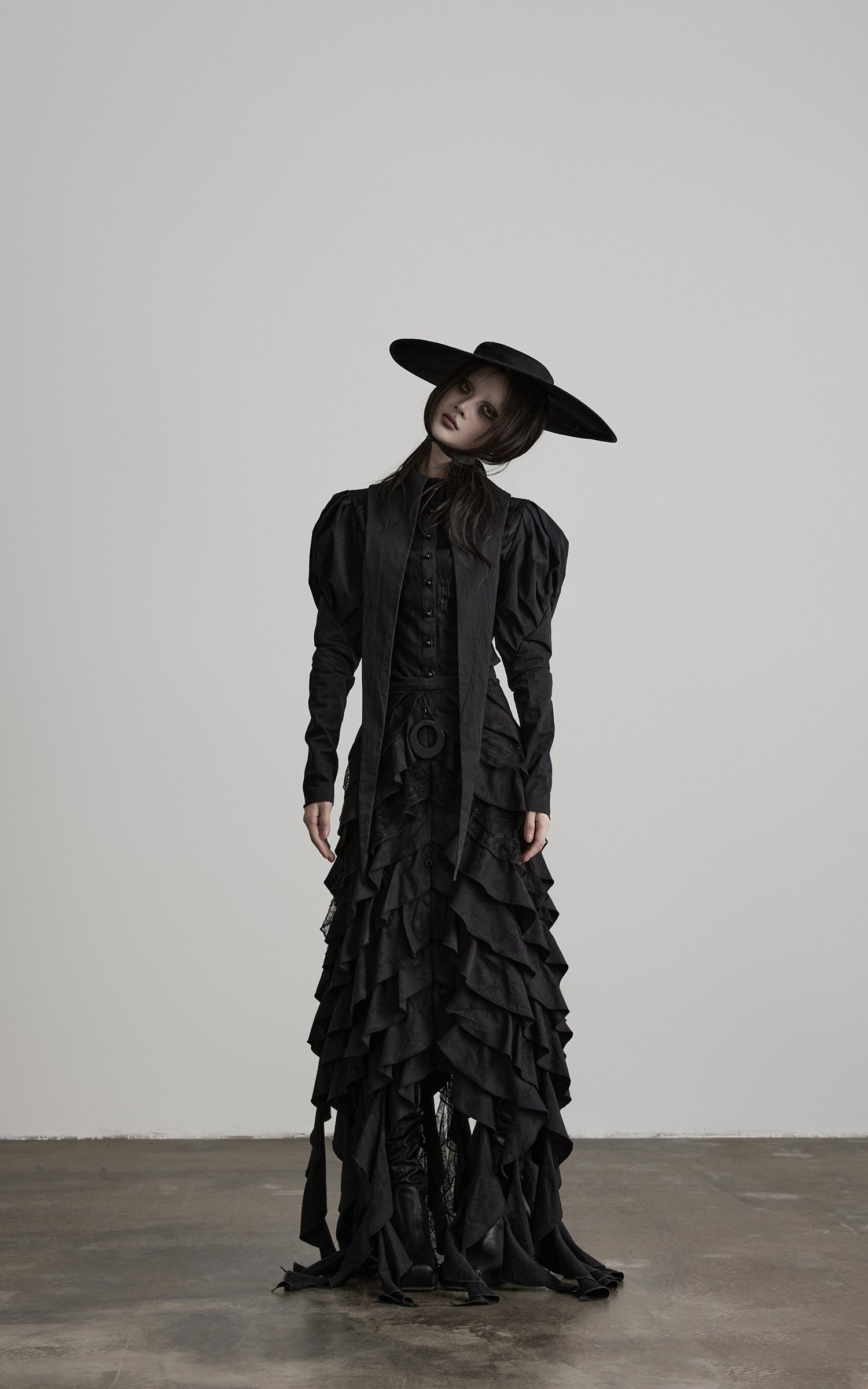 DOINDULGE Layered Ruffle Gothic Asymmetric Long Skirt