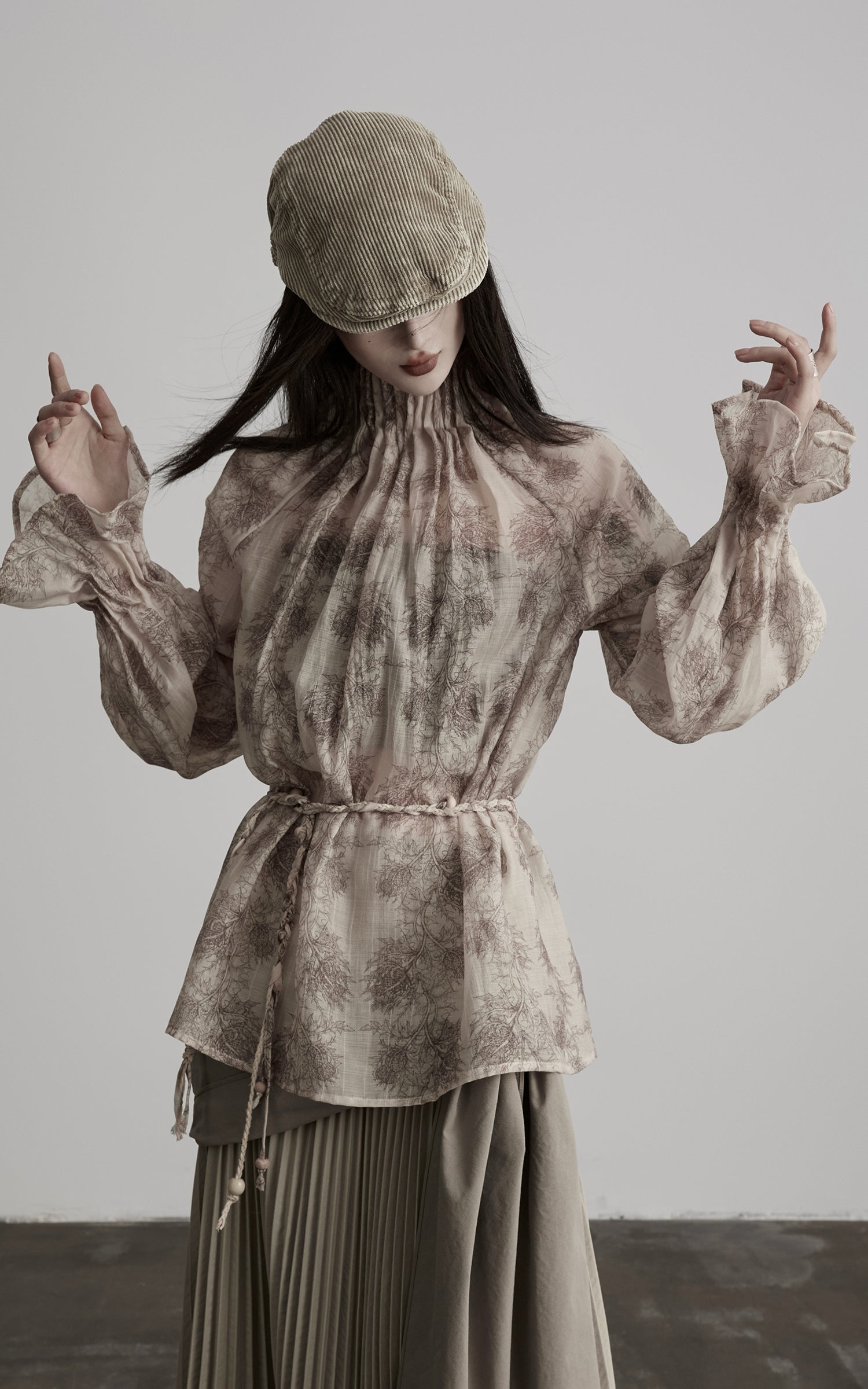 DOINDULGE Gathered High-Neck Botanical Print Long Sleeve Blouse