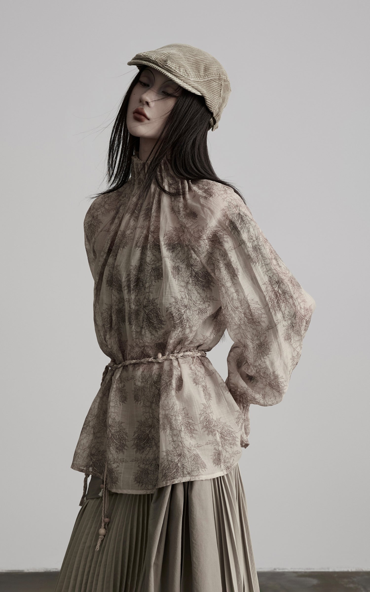 DOINDULGE Gathered High-Neck Botanical Print Long Sleeve Blouse