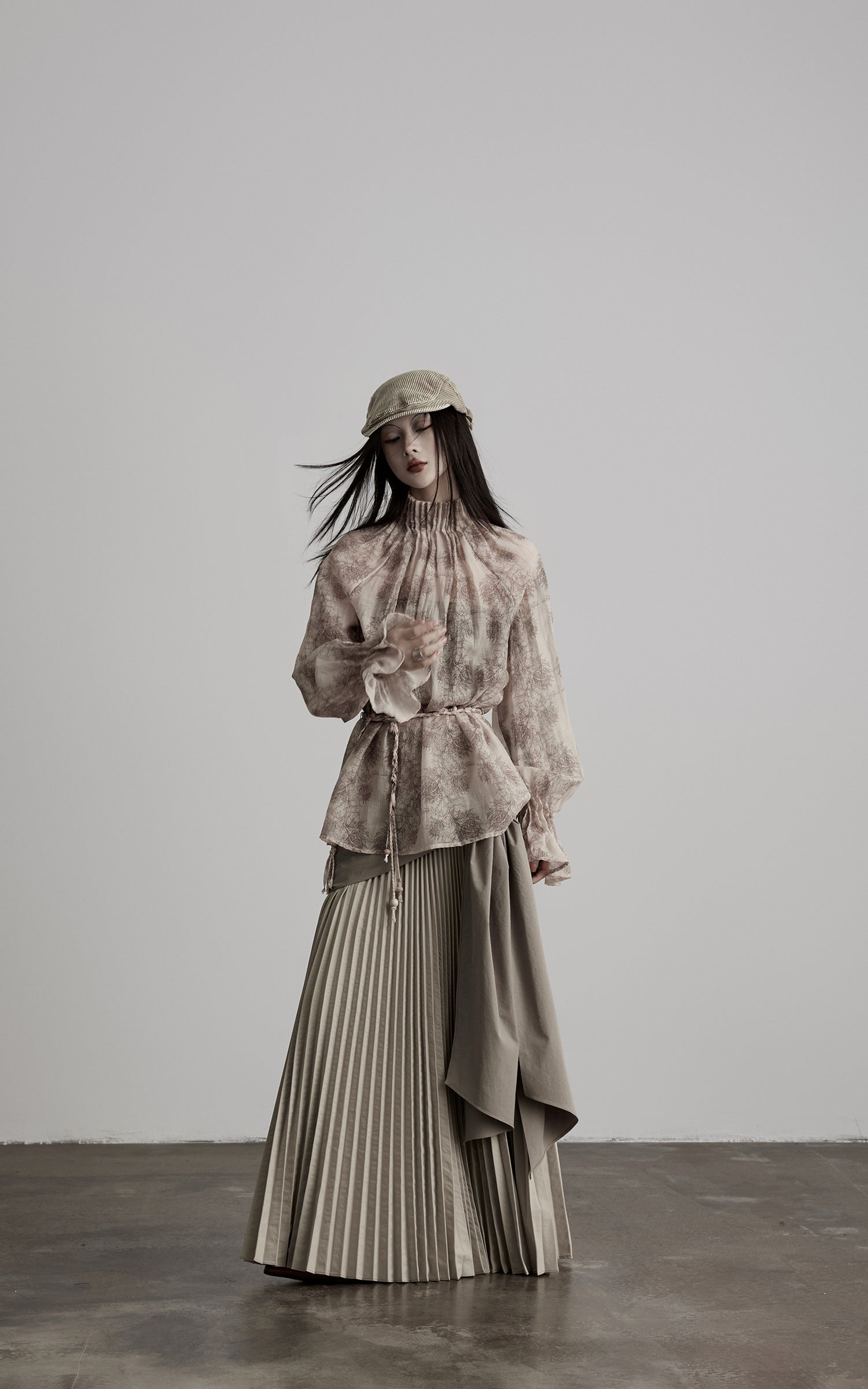 DOINDULGE Gathered High-Neck Botanical Print Long Sleeve Blouse