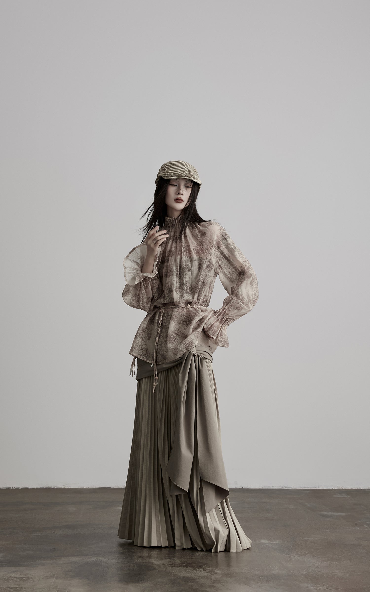 DOINDULGE Gathered High-Neck Botanical Print Long Sleeve Blouse