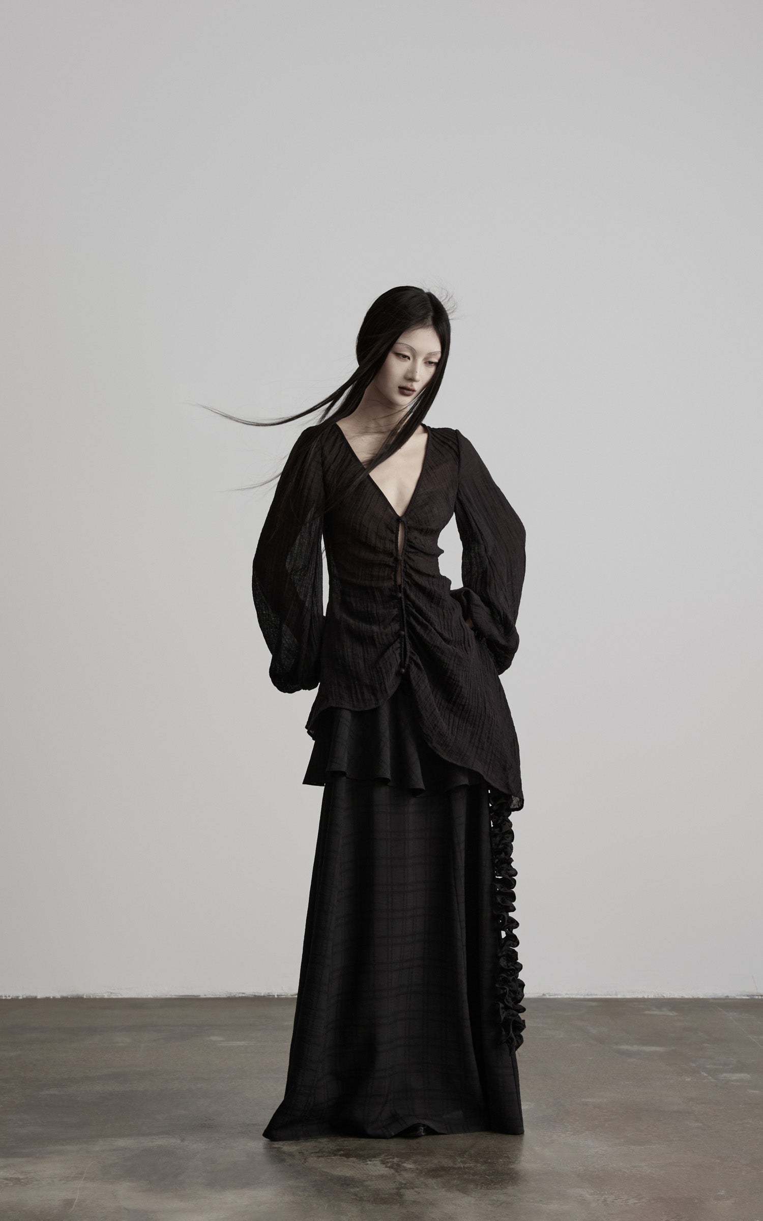DOINDULGE Ruched Waist Asymmetric Ruffle Plaid Maxi Skirt
